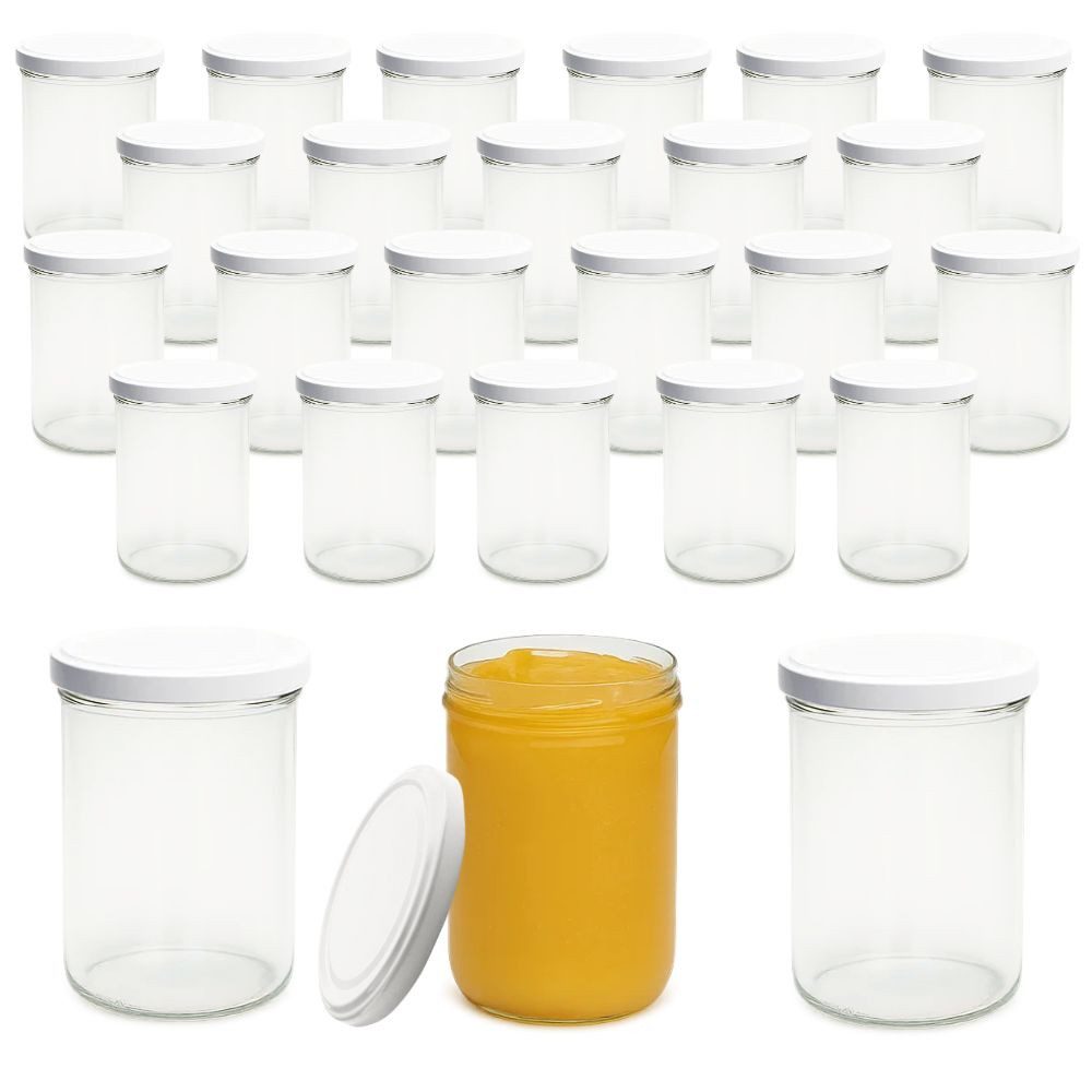 mikken Einmachglas 25 Einmachgläser 435 ml mit Deckel und Beschriftungsetiketten, verschiedene Deckelfarben, Einweckglas, Sturzglas