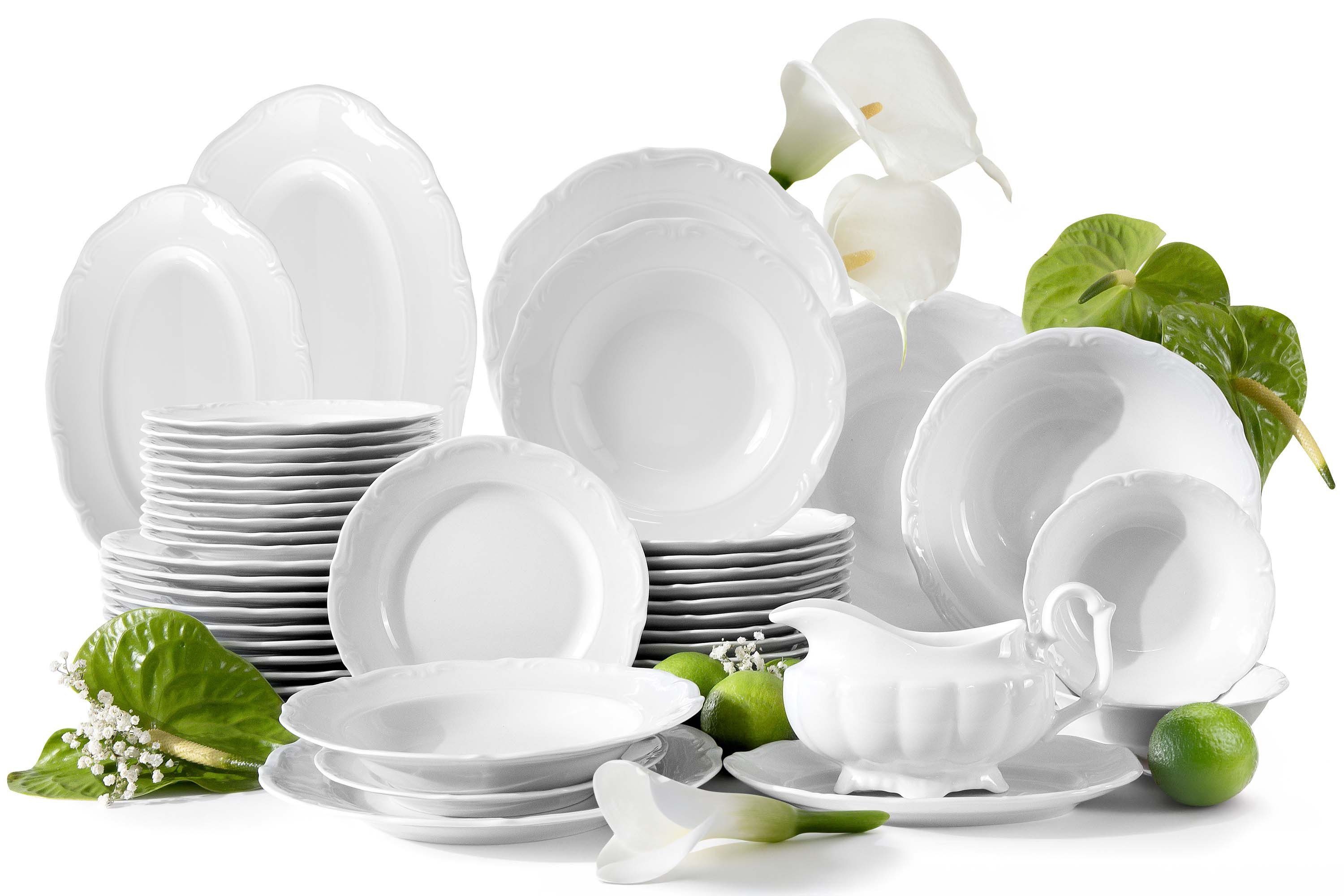 KONSIMO® Kombiservice CHODZIEZ MARIA TERESA Geschirrset, Hochwertiges Premium-Porzellan (44-tlg), 12 Personen, Porzellan, mit eleganten Verzierungen, handgefertigt