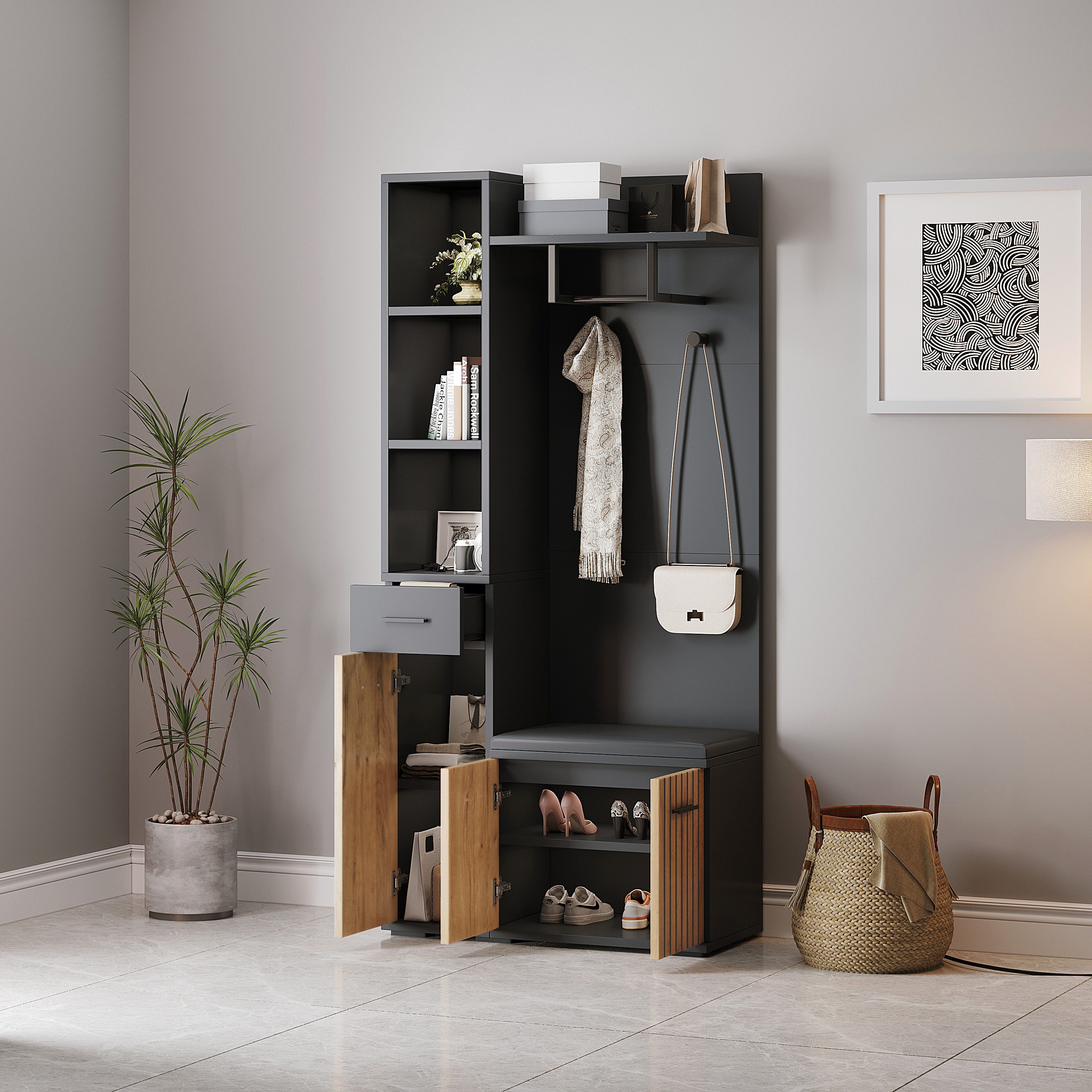 Merax Garderoben-Set 7-in-1 Kompaktgarderobe Flurmöbel in Schwarz-Holz, (Ga günstig online kaufen