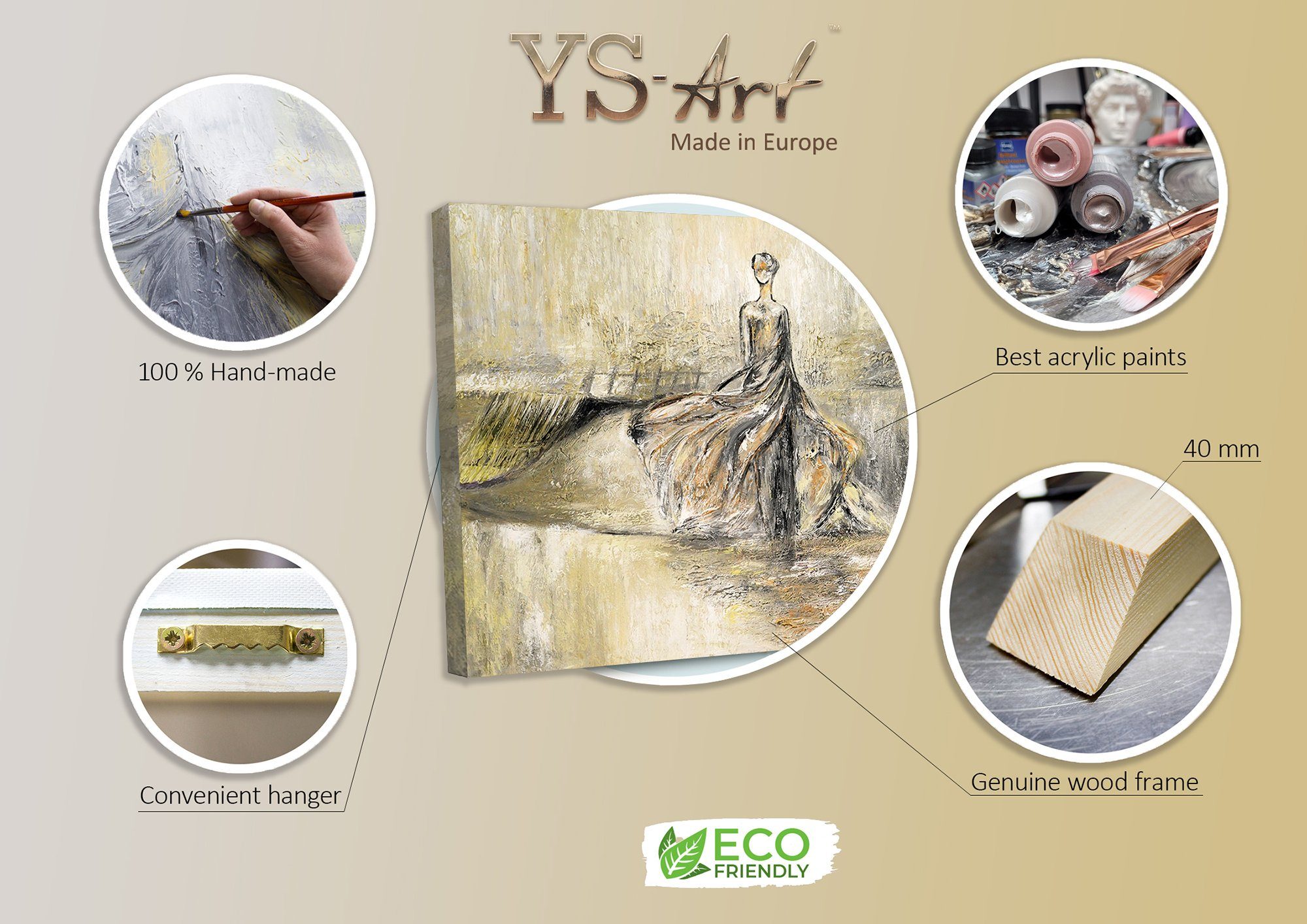 YS-Art Handgemaltes Acrylbild Auf Leinwand – Modenschau, 140x70 Cm, Modern Grau Beige