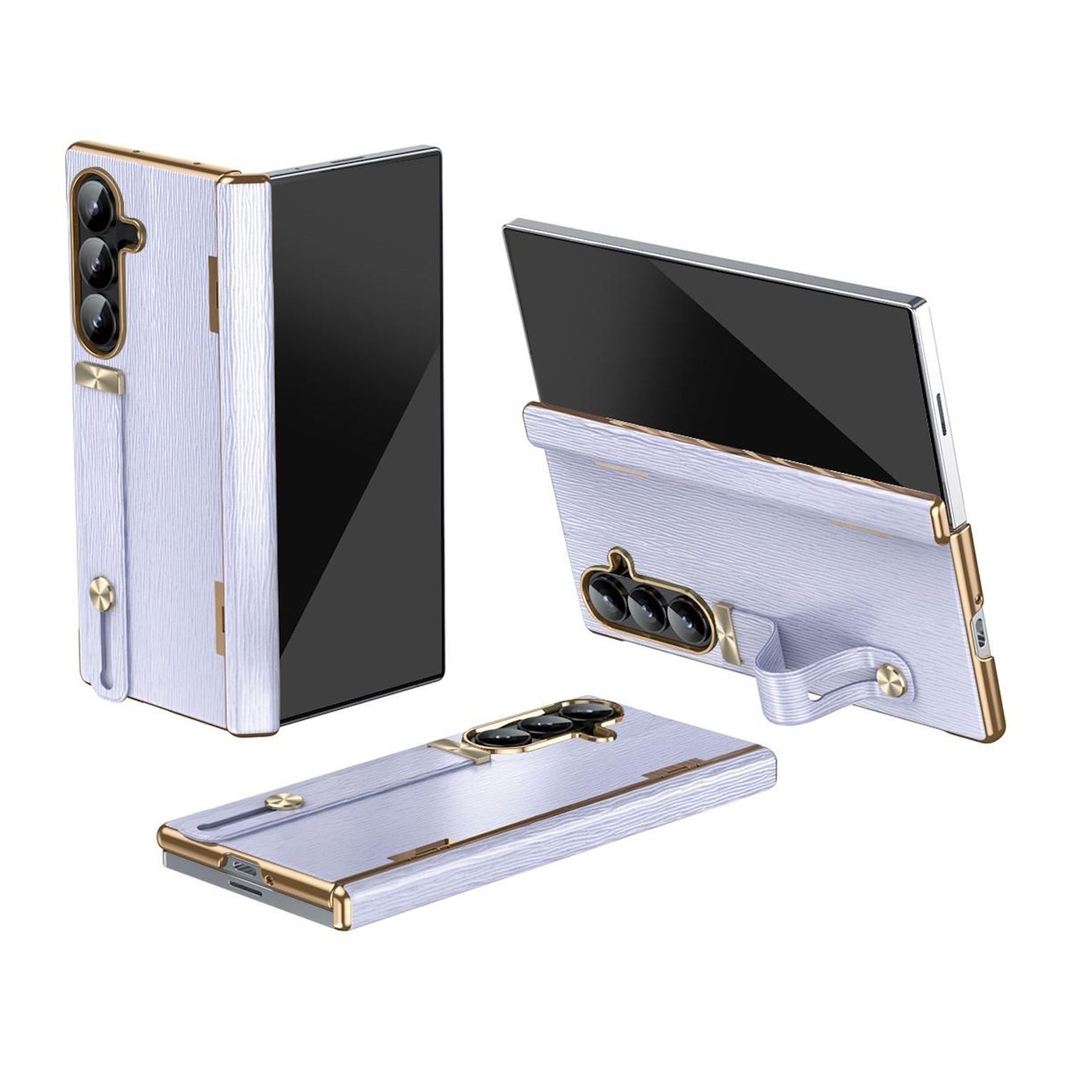 Wigento Handyhülle Für Samsung Galaxy Z Fold7 Design Leder Hülle mit Handriemen Lila, Leder Hülle mit einziehbarem Handriemen und integriertem Ständer