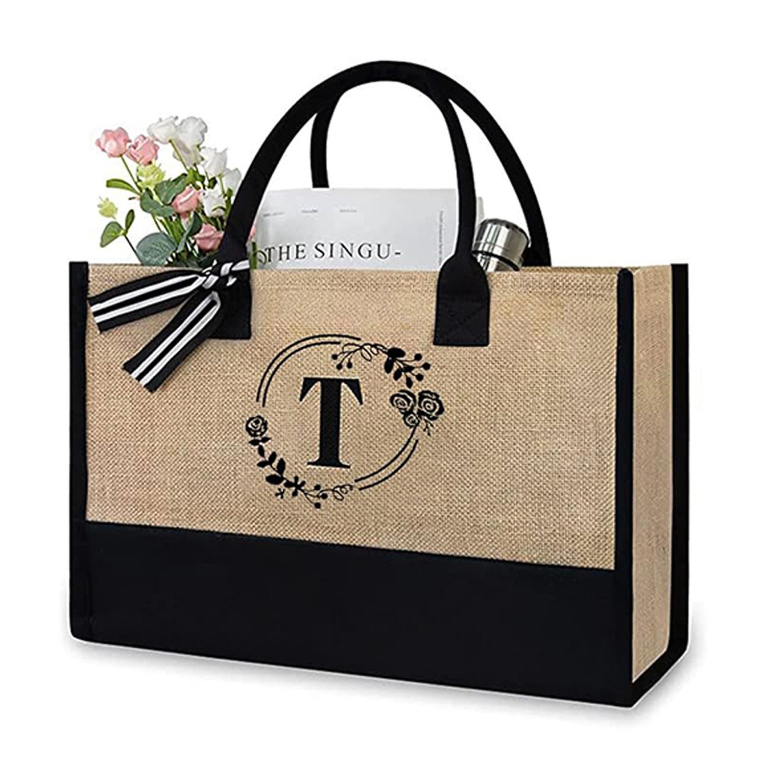 OKWISH Einkaufsshopper Personalisierte Initialen Tragetasche Strandtasche Damen Groß, 21 l, für Freizeit Arbeit Business Schule Büro Party Spaziergang
