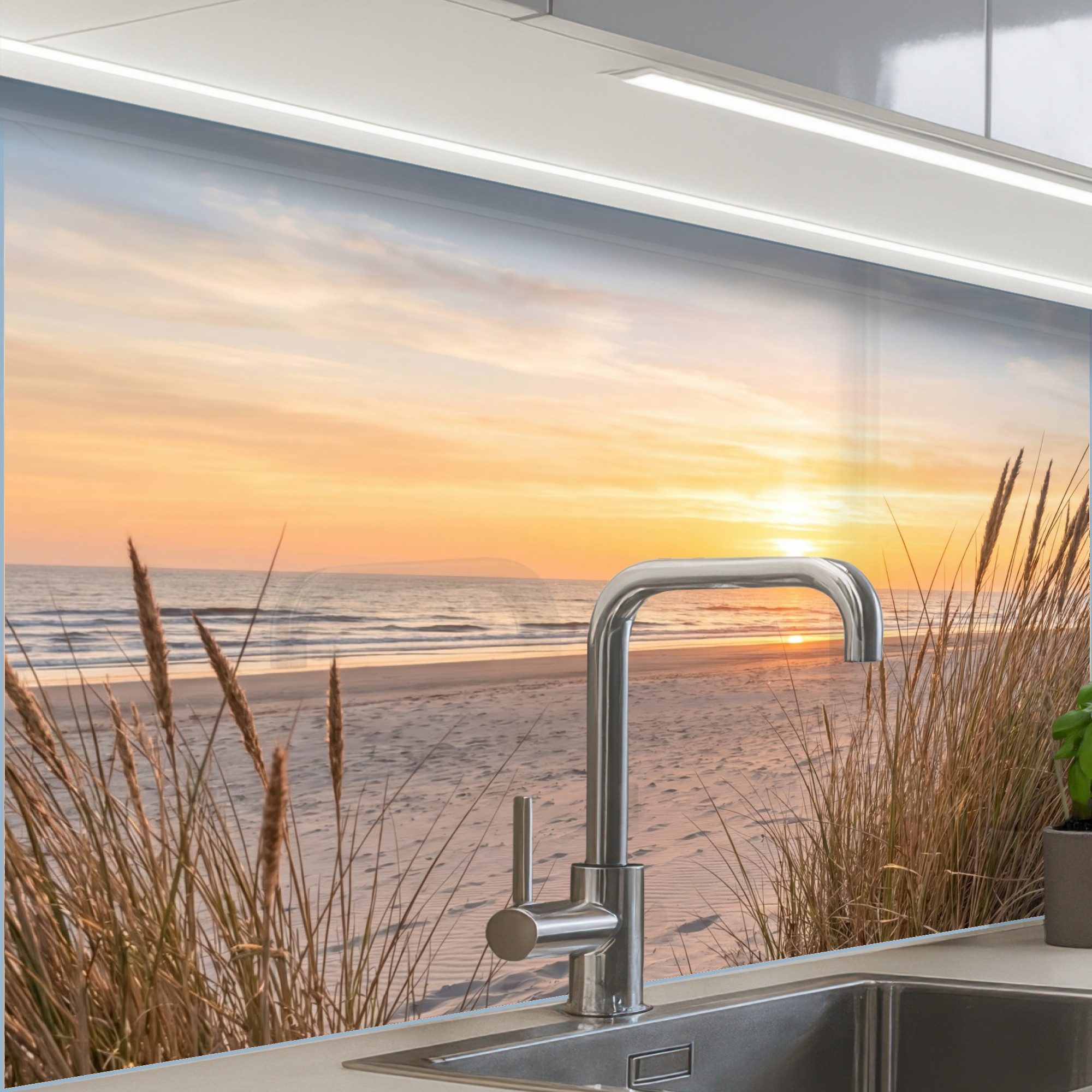 KitchenYeah Küchenrückwand Muster selbstklebend (keine Folie) Sonnenuntergang - Dünen - Meer, (1-tlg), Spritzschutz, Küche, Rückwand, Küchenwand, Küchenfront, 30x20 cm