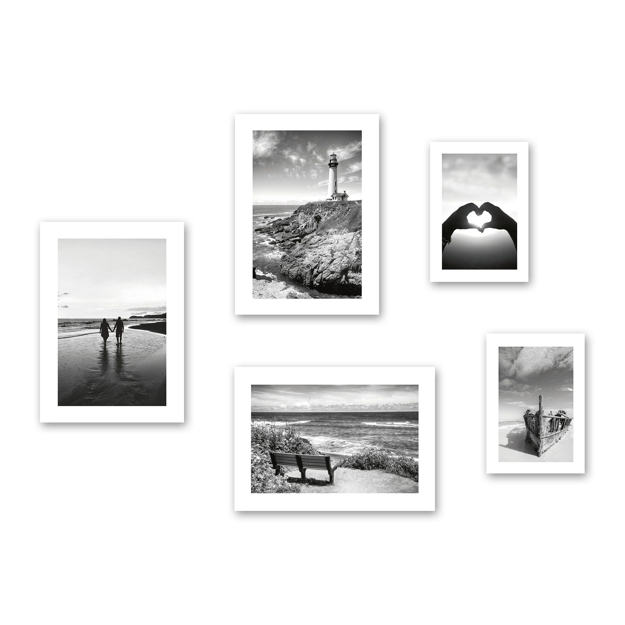 Kreative Feder Плакат, Schwarz Weiß, Vintage, Liebe, Herz, Landschaft, Natur, Romantik, Meer, Strand (Set, 5 St), 5-teiliges Плакат-Set, Wandbild, Плакатwand, optional mit Rahmen
