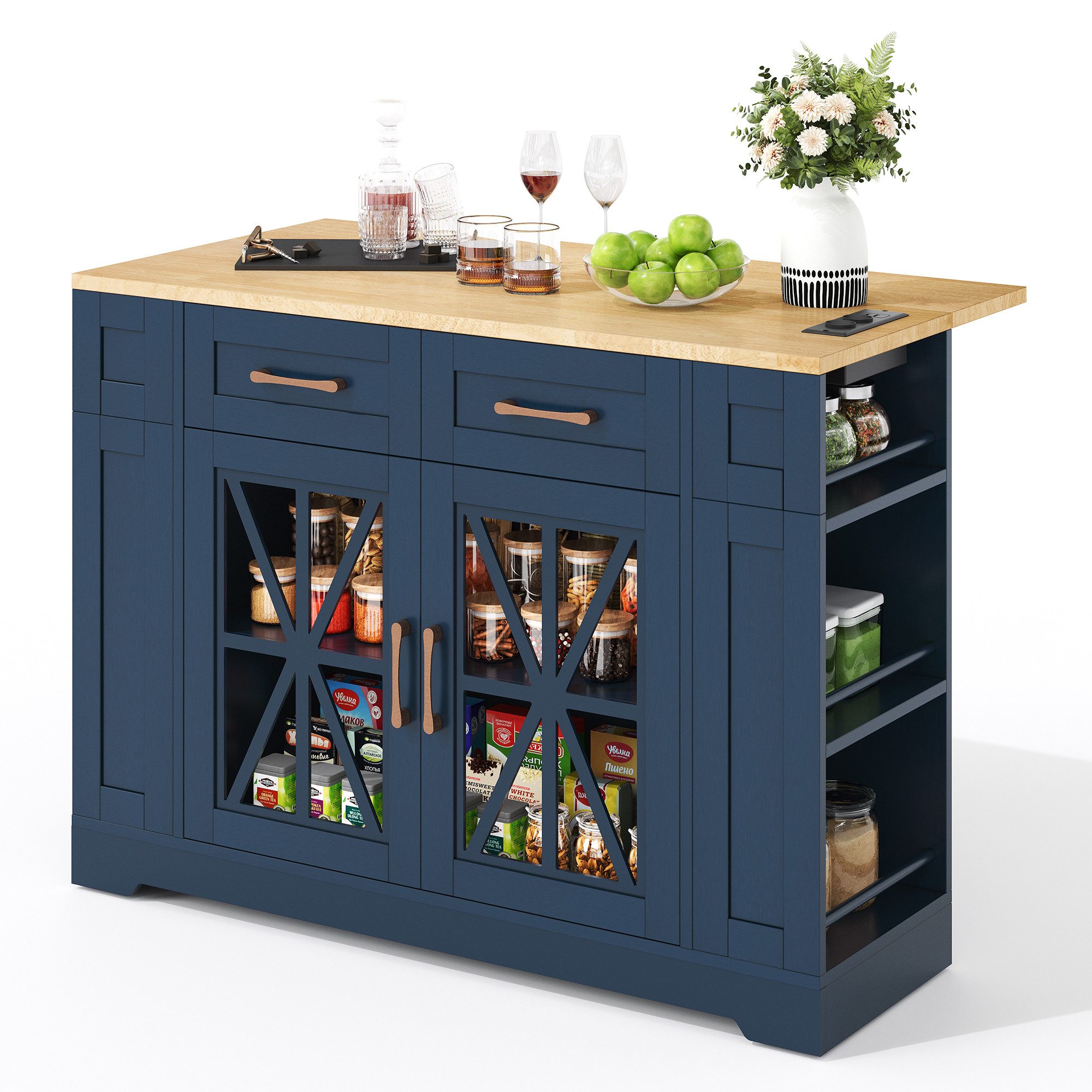 kowdom Kücheninsel Kücheninsel 120 cm klappbar USB AC Rollen weiß, klappbar, tragbar, AC-Steckdosen, 6 offene Regalböden, Glastüren