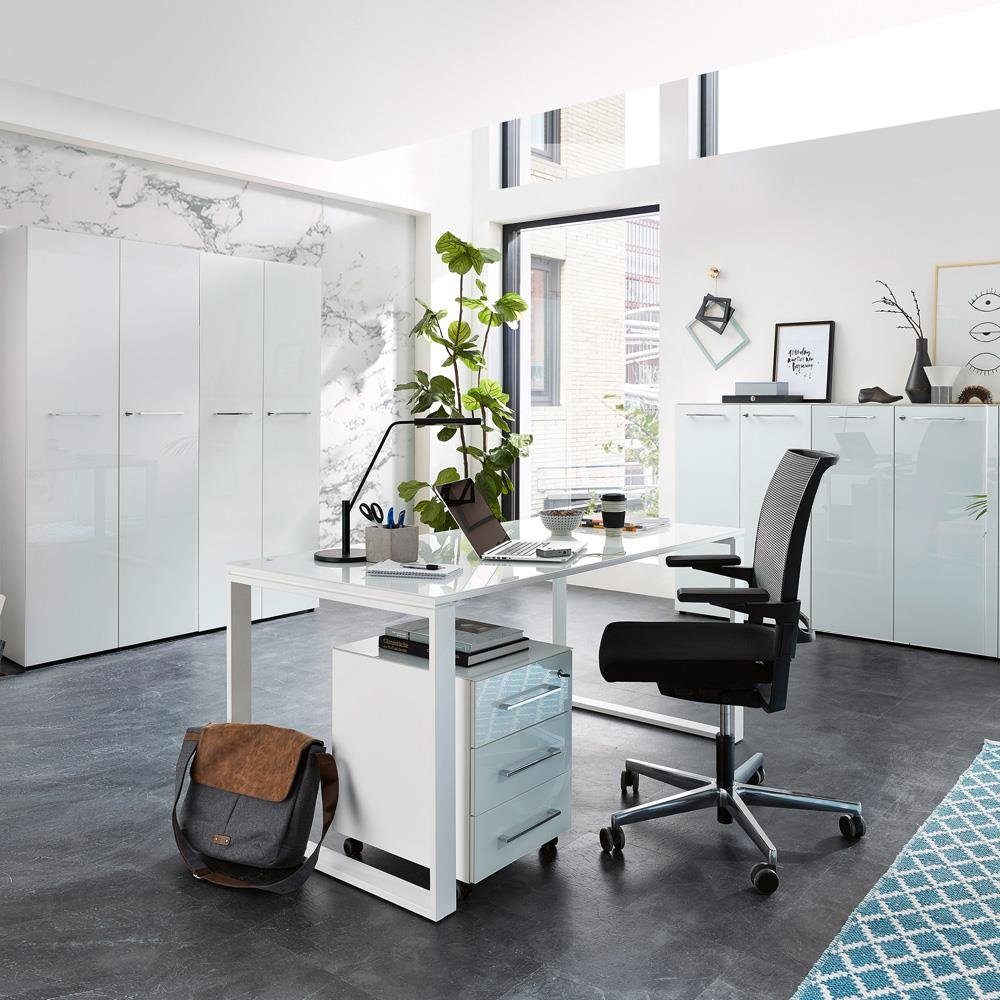 Lomadox Schreibtisch MONTERO-01, weißen Glasfronten & Auflagen komplett und Rollcontainer 320x196x37cm