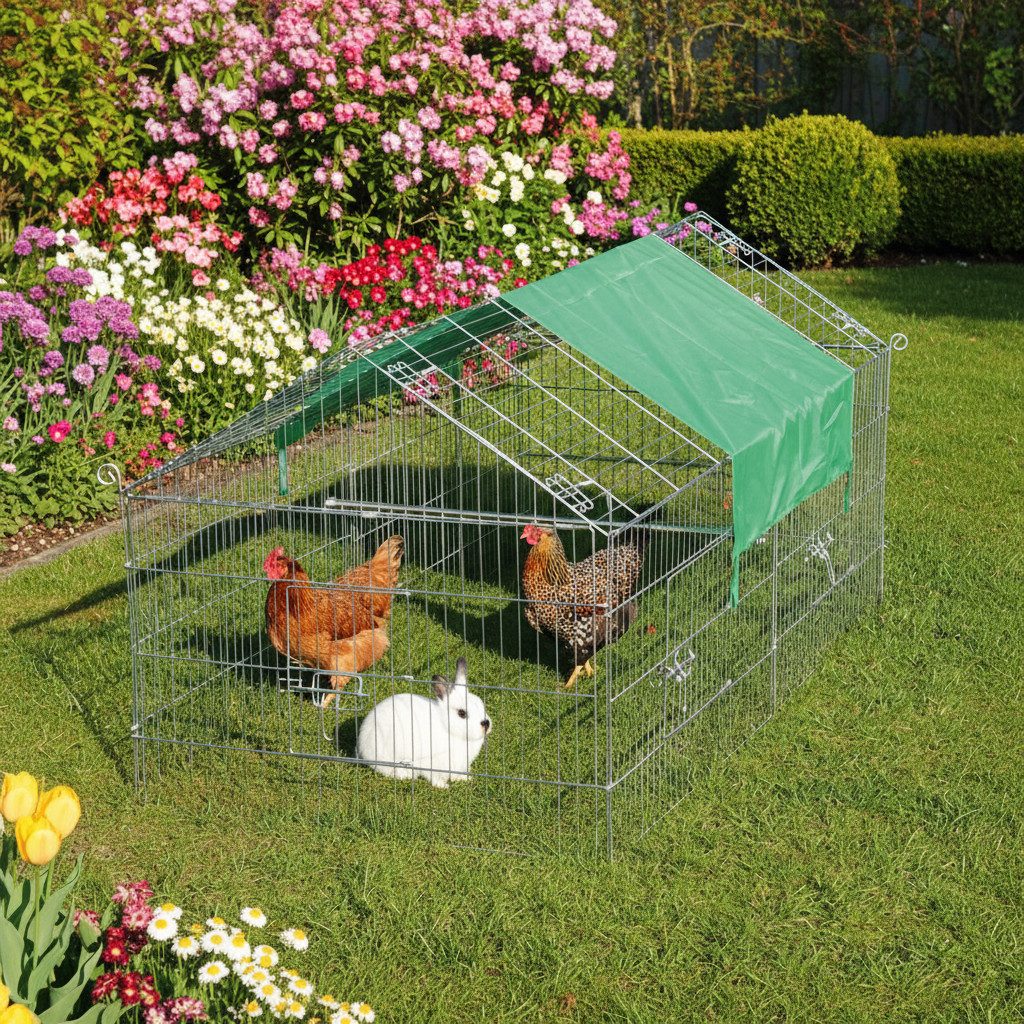 Zooprinz Freigehege Gittergehege mit Sonnenschutz für Hasen, Kaninchen, Hühner, Welpen, Stecksystem, einfacher Aufbau, Wetterfest, Freilauf Auslauf Gehege