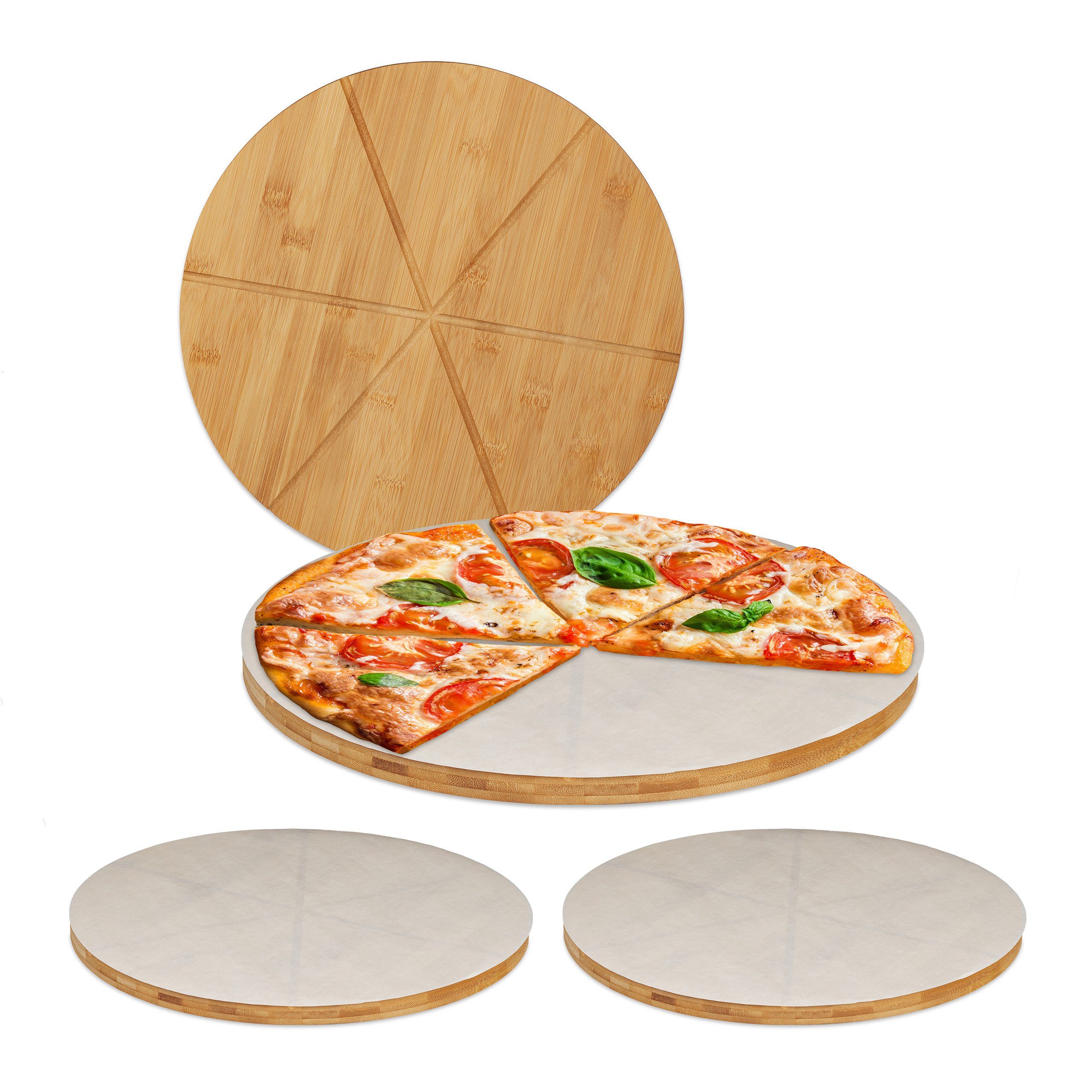 relaxdays Pizzateller 4 x Pizzabrett Bambus mit Backpapier