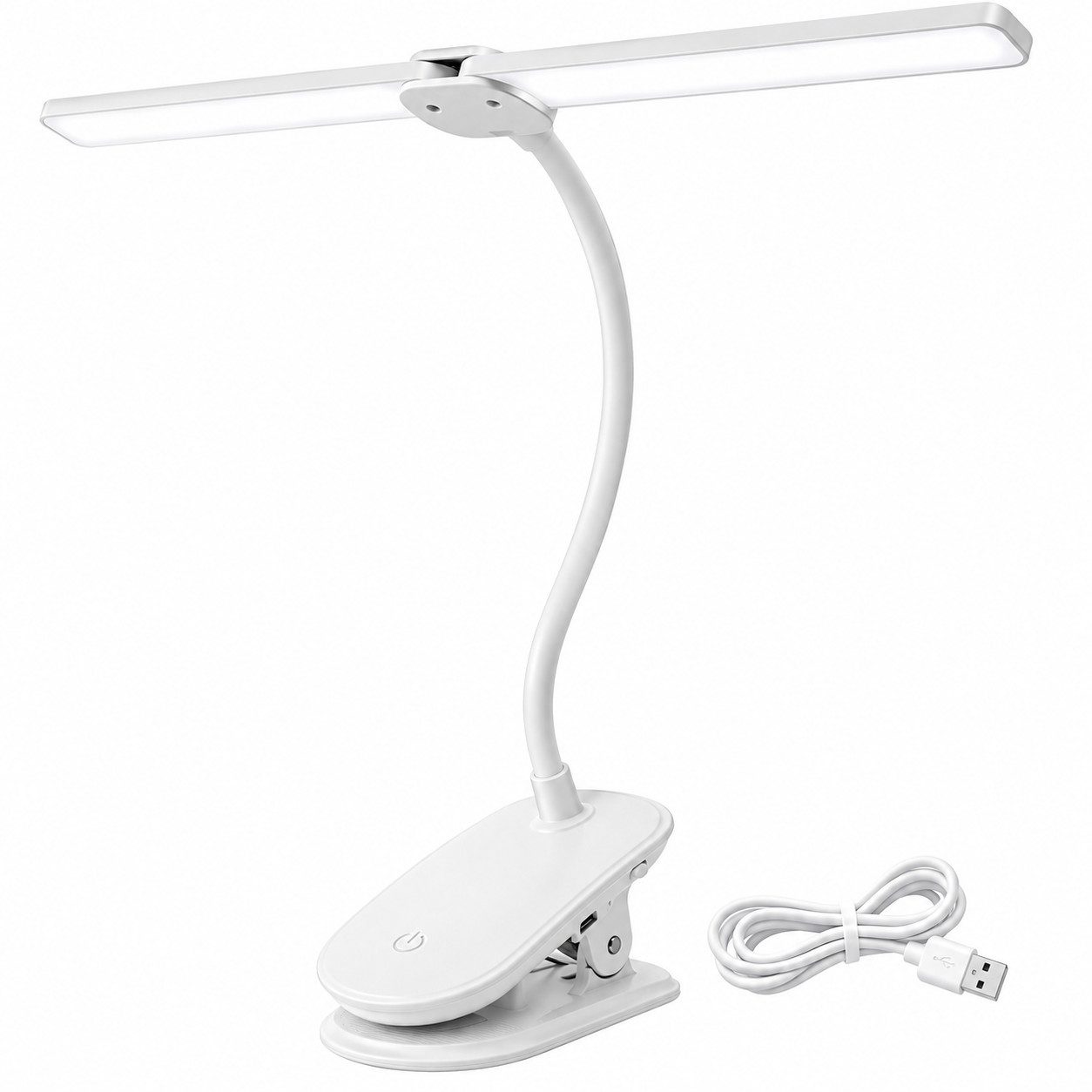 Fyrove LED Leselampe LED Leselampe Doppelkopf Dimmbare Tischleuchte 360° Schwenkbare, Touch-Steuerung, 3 Farbtemperaturen, flexibel einstellbar, USB aufladbar, LED fest integriert, Warmweiß (3000K), Naturweiß (4000K), Kaltweiß (6000K), LED Leselampe Bett Klemmlampe 3 Farbmodi Flexibler Schwanenhals