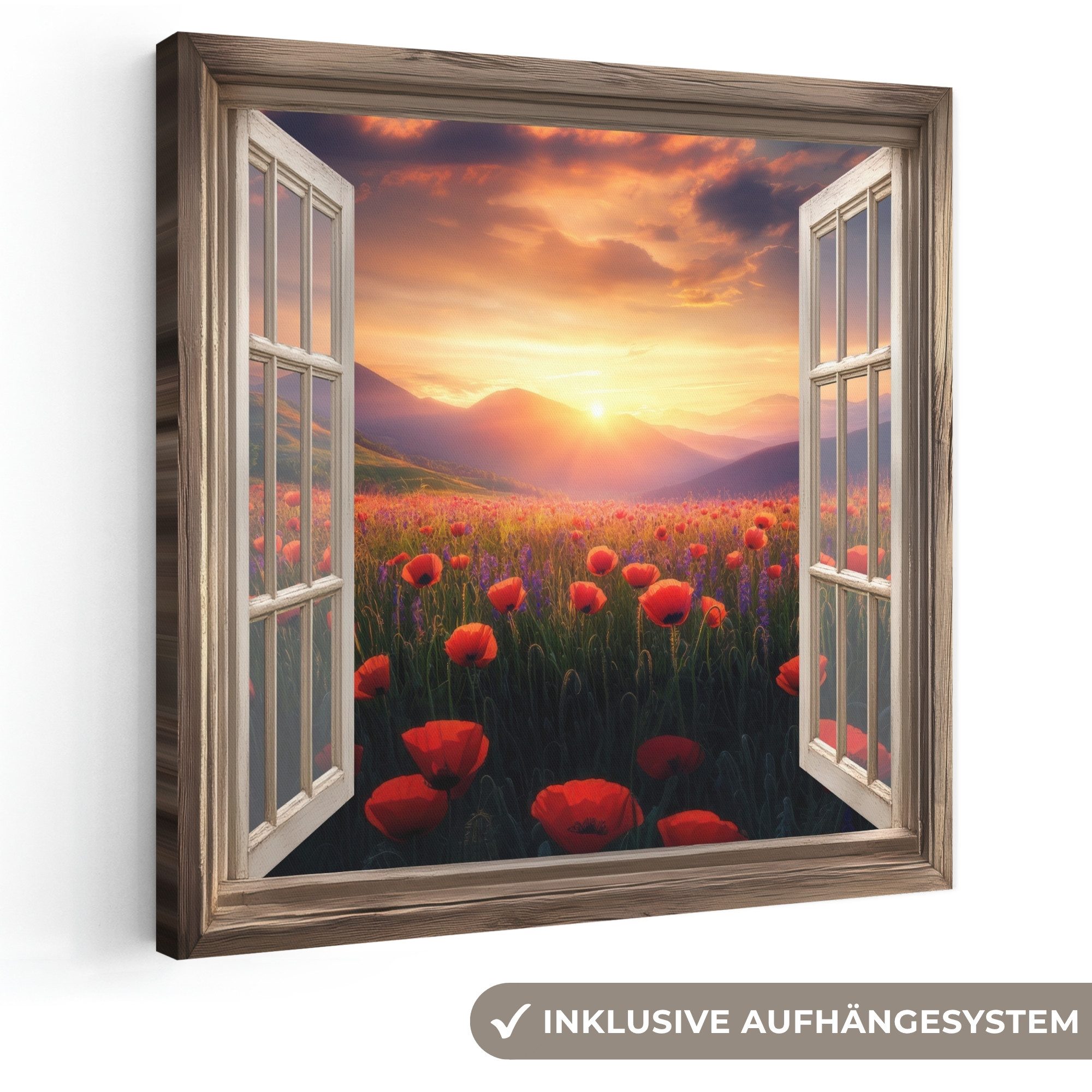 OneMillionCanvasses® Leinwandbild Fensterblick - Fenster - Mohnblumen - Blumen - Rot - Offenes Fenster, Fotodruck (1 St), Wandbild, Deko Schlafzimmer Wohnzimmer Flur 20x20 cm