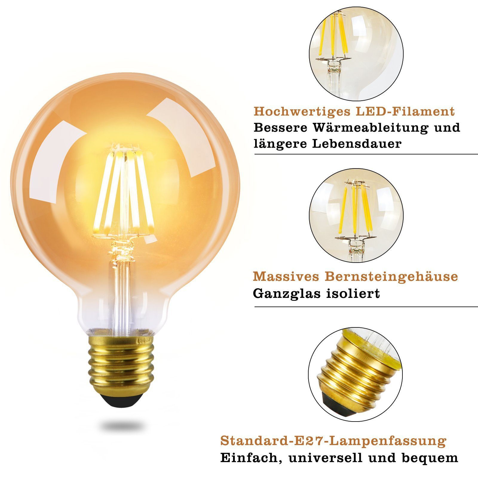 Energiesparlampe ZMH 2700K, Glas Glühbirne Edison St., Vintage LED Filament Retro - E27, warmweiß, Birne 2 G80 LED-Leuchtmittel