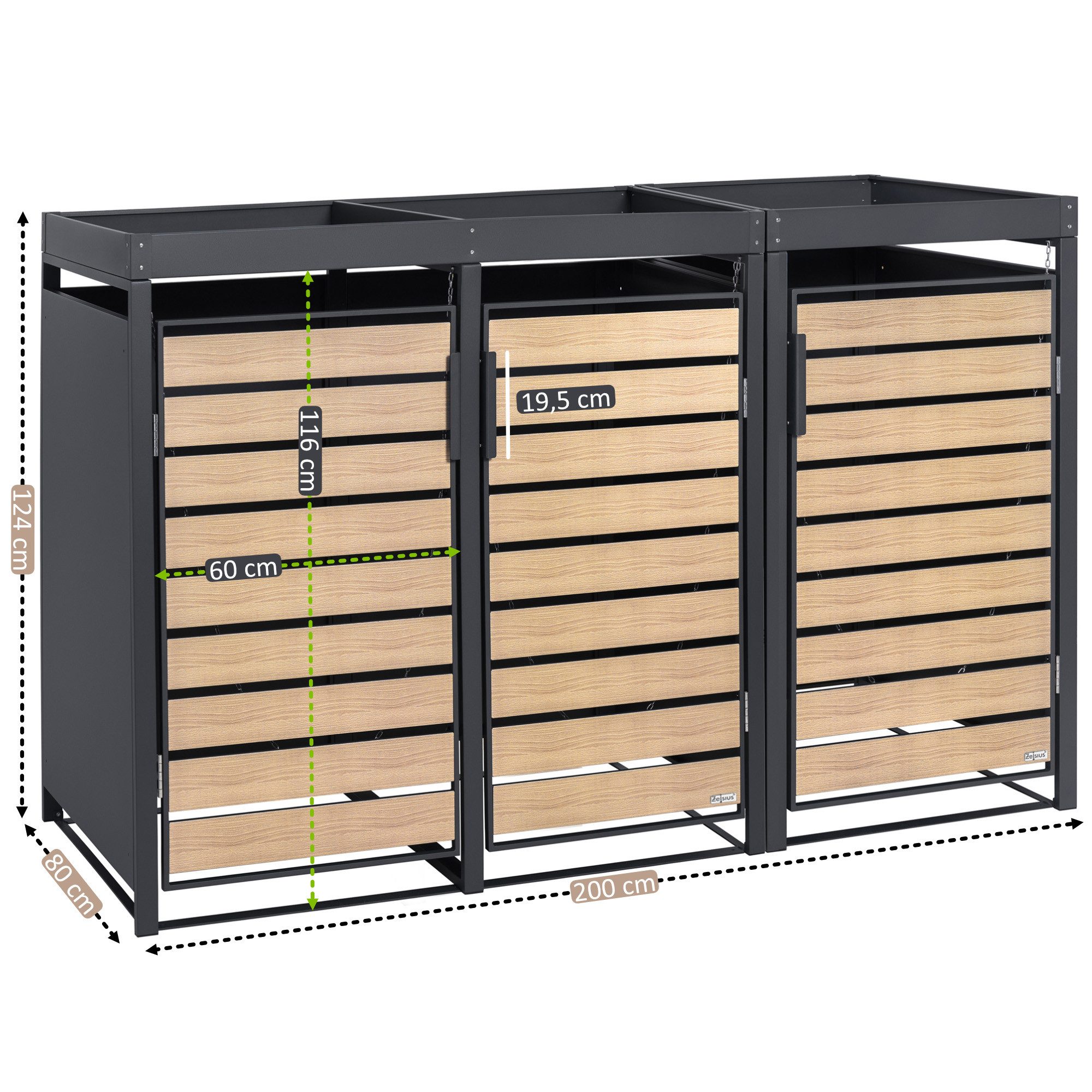 Zelsius Mülltonnenbox 3er mit Pflanzdach für 3 Tonnen, 120 - 240 Liter, Tür in Holzoptik