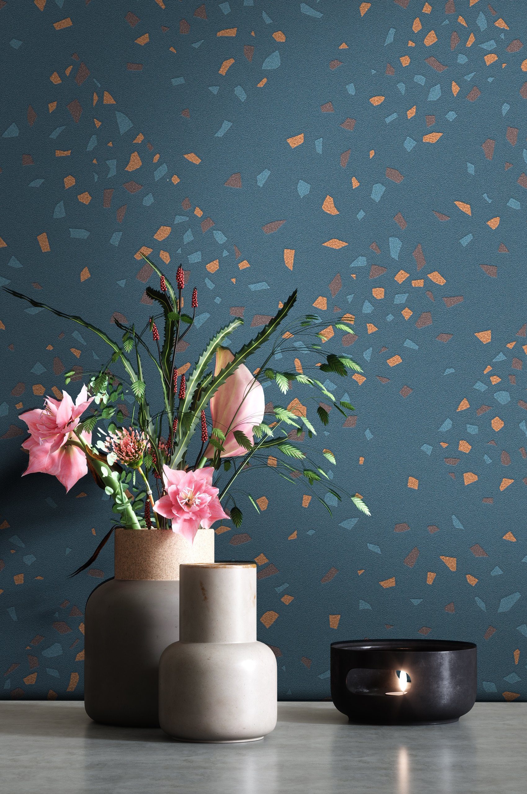 Newroom Vliestapete Muster1 Tapete Mustertapete Leicht Glänzend,Konfetti,Sprinkles, Blau Tapete Leicht Glänzend Modern - Mustertapete Metalic Braun Petrol Konfetti Grafisch für Schlafzimmer Wohnzimmer Kinderzimmer, Metalic
