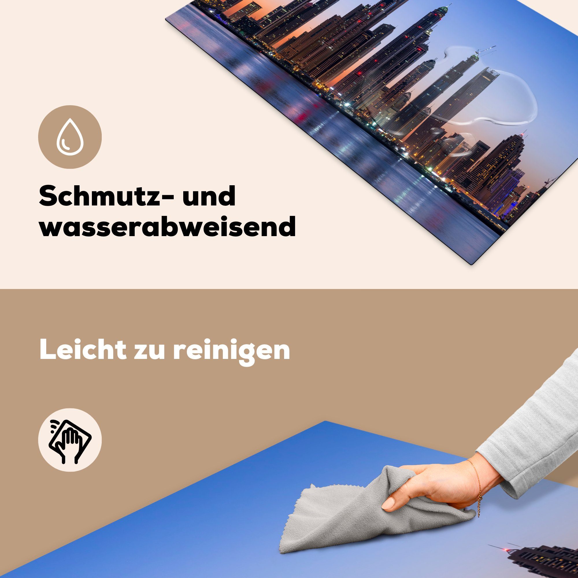 Skyline cm, versteckt Sonnenaufgang MuchoWow 83x51 Herdblende-/Abdeckplatte für Vinyl, Arbeitsplatte Der von der Dubai Marina, Ceranfeldabdeckung, (1 hinter tlg), küche