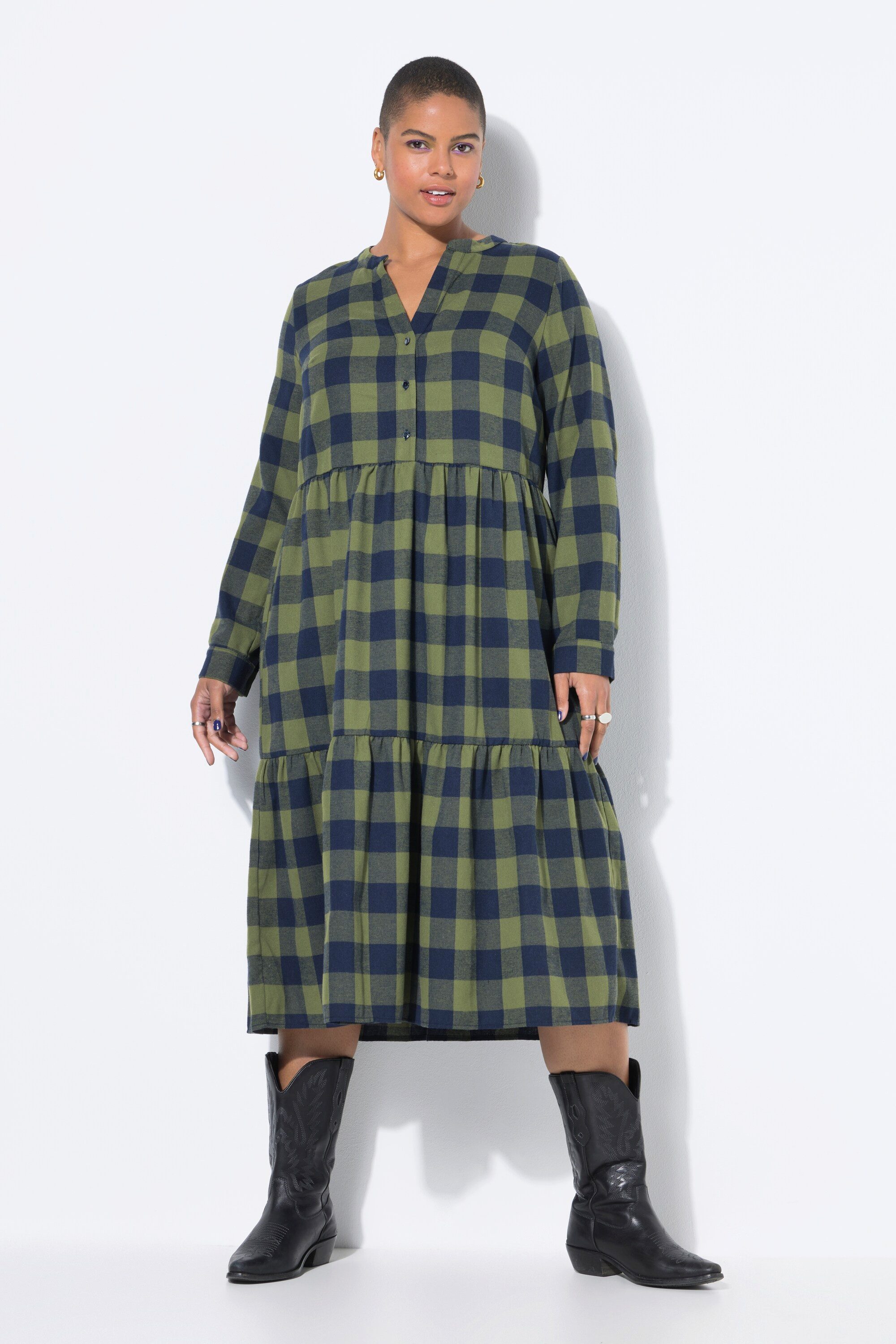 Studio Untold Jerseykleid Midi-Flanellkleid Karo Tunika-Ausschnitt Langarm günstig online kaufen