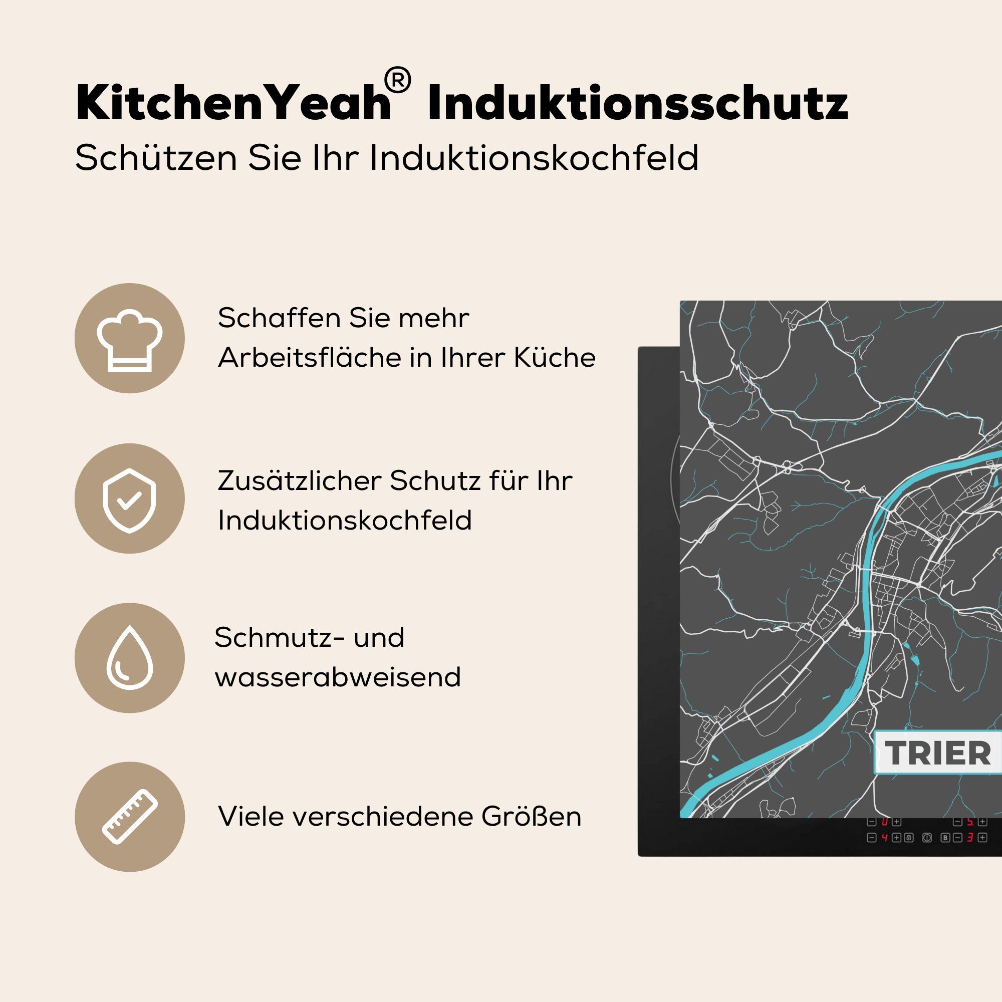 tlg), Stadtplan Deutschland 78x78 Blau küche für - - Trier Arbeitsplatte (1 Karte, Herdblende-/Abdeckplatte cm, Vinyl, Ceranfeldabdeckung, - - MuchoWow