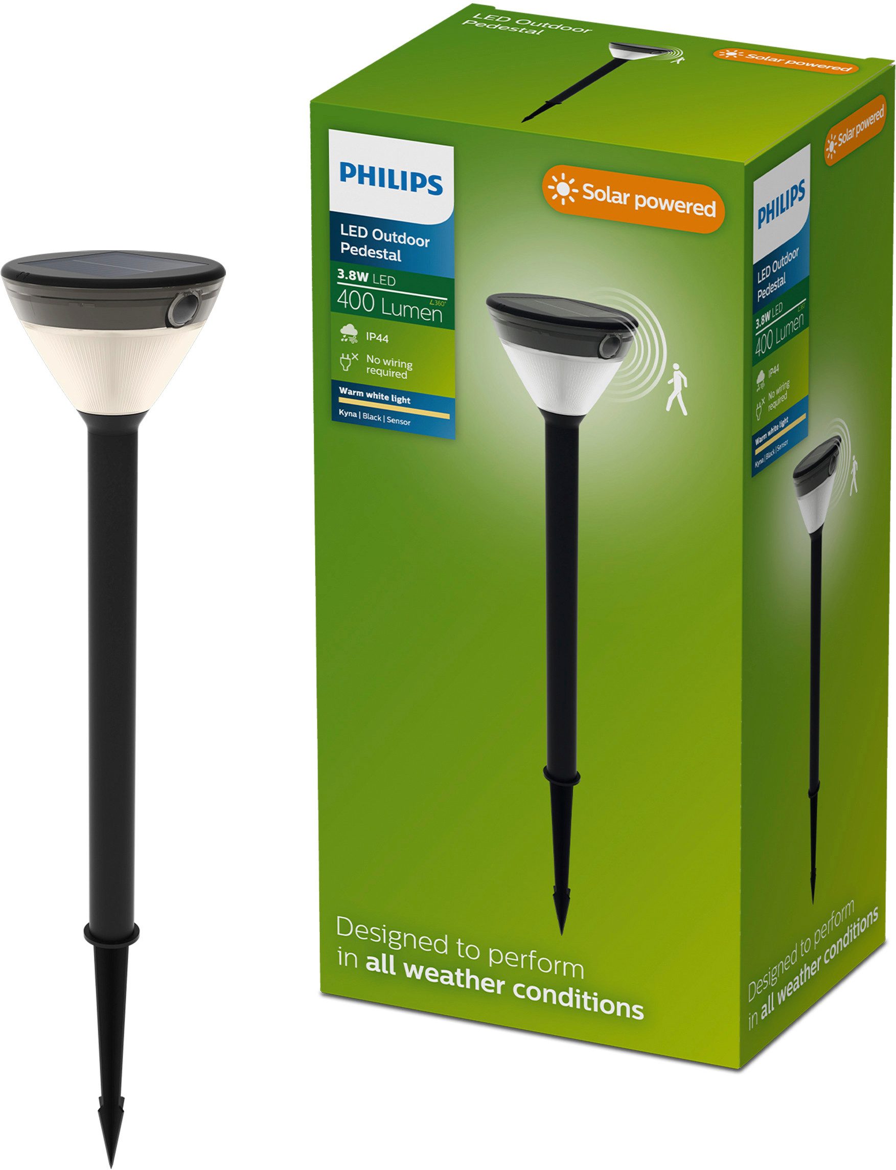 Philips LED Sockelleuchte Outdoor Solar Kyna, Abschaltautomatik, Bewegungsmelder, Tageslichtsensor, LED fest integriert, Warmweiß, Tageslicht- und Bewegungssensor, 2700 Kelvin, 400 Lumen, schwarz