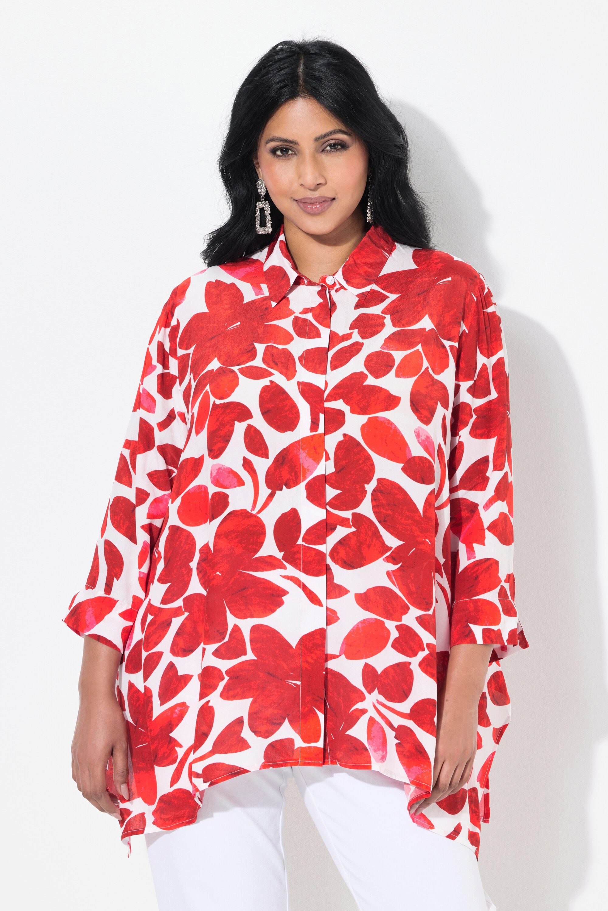 Hemdbluse Bluse Blüten Zipfelsaum Hemdkragen 3/4-Arm