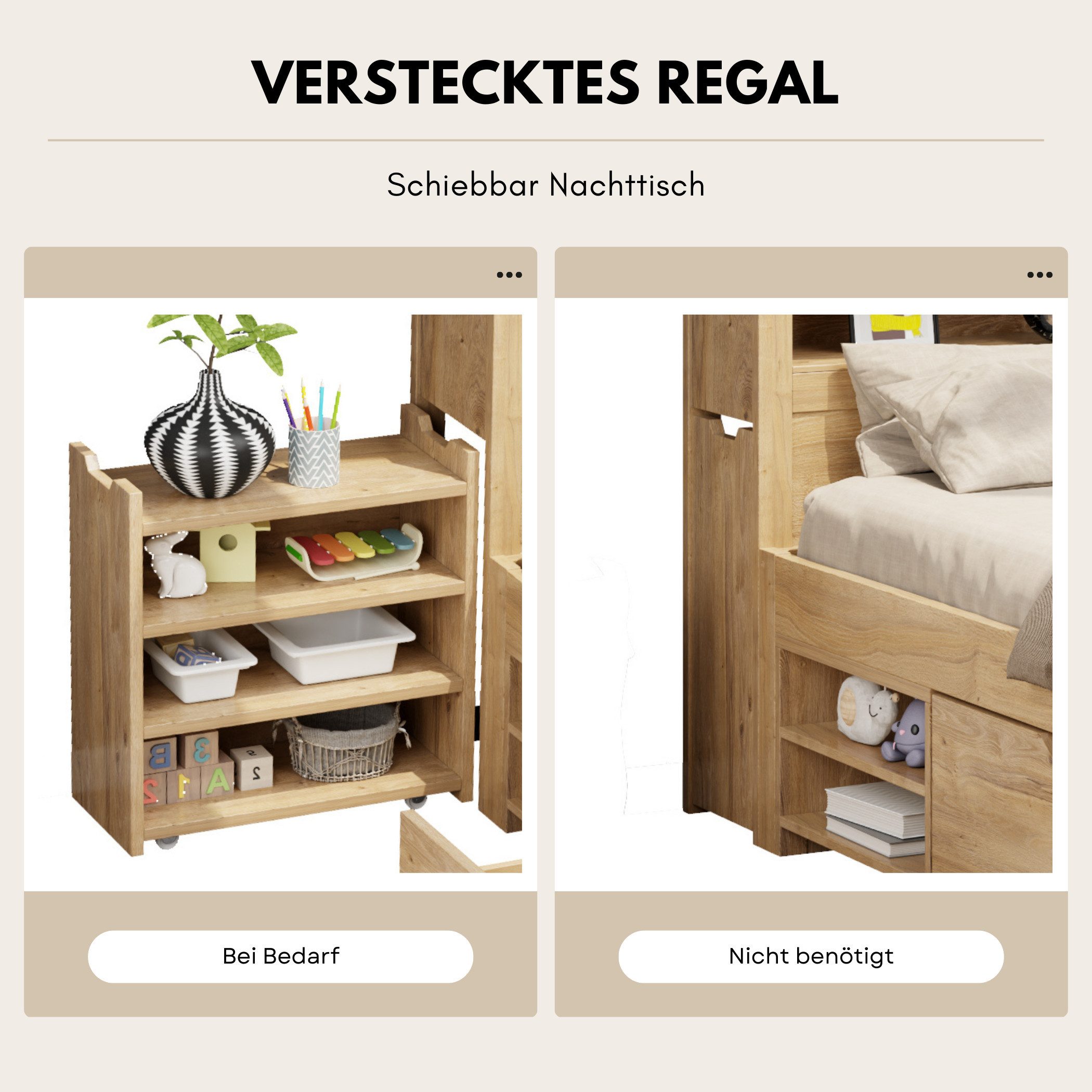 SeedWave Holzbett Tagesbett mit USB- / Kabelloser-Ladefunktion, Nachttisch, 90/140×200cm, Stauraumbett mit 1× Rollenschublade, Staufächern – Bild 5 von 5