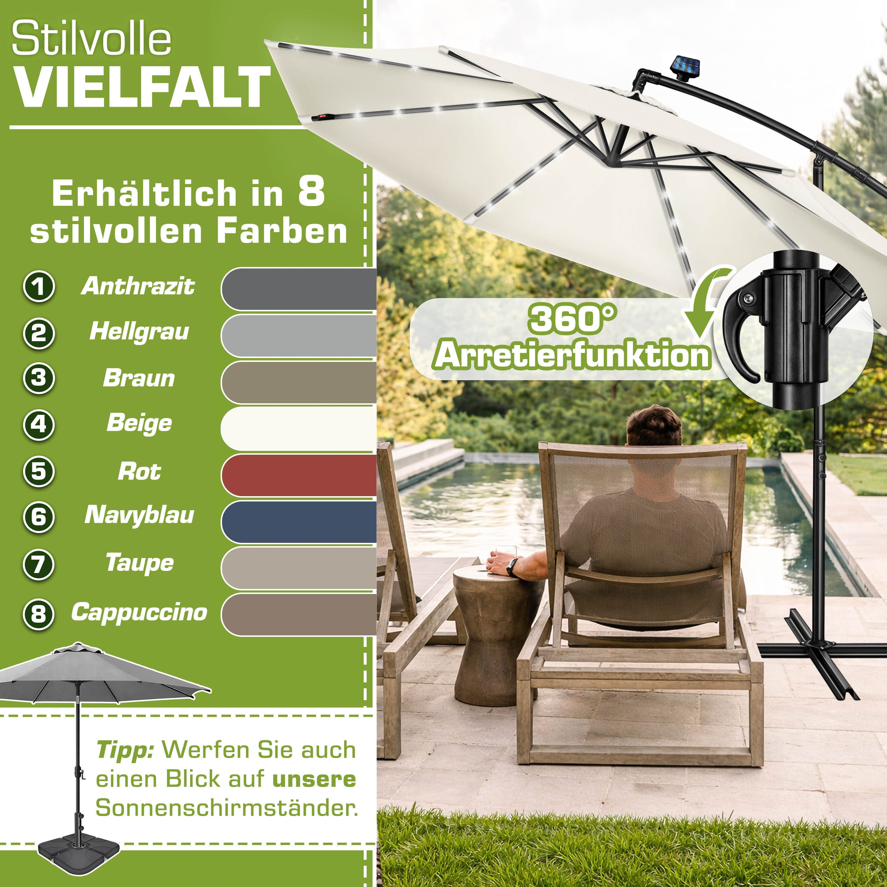 tillvex Sonnenschirm tillvex® Sonnenschirm LED Solar Ø 3m Ampelschirm Balkon Gartenschirm, Alu Ampelschirm + Abdeckung LED Solar Ø 350 cm mit Kurbel, Abdeckung  – Bild 5 von 5