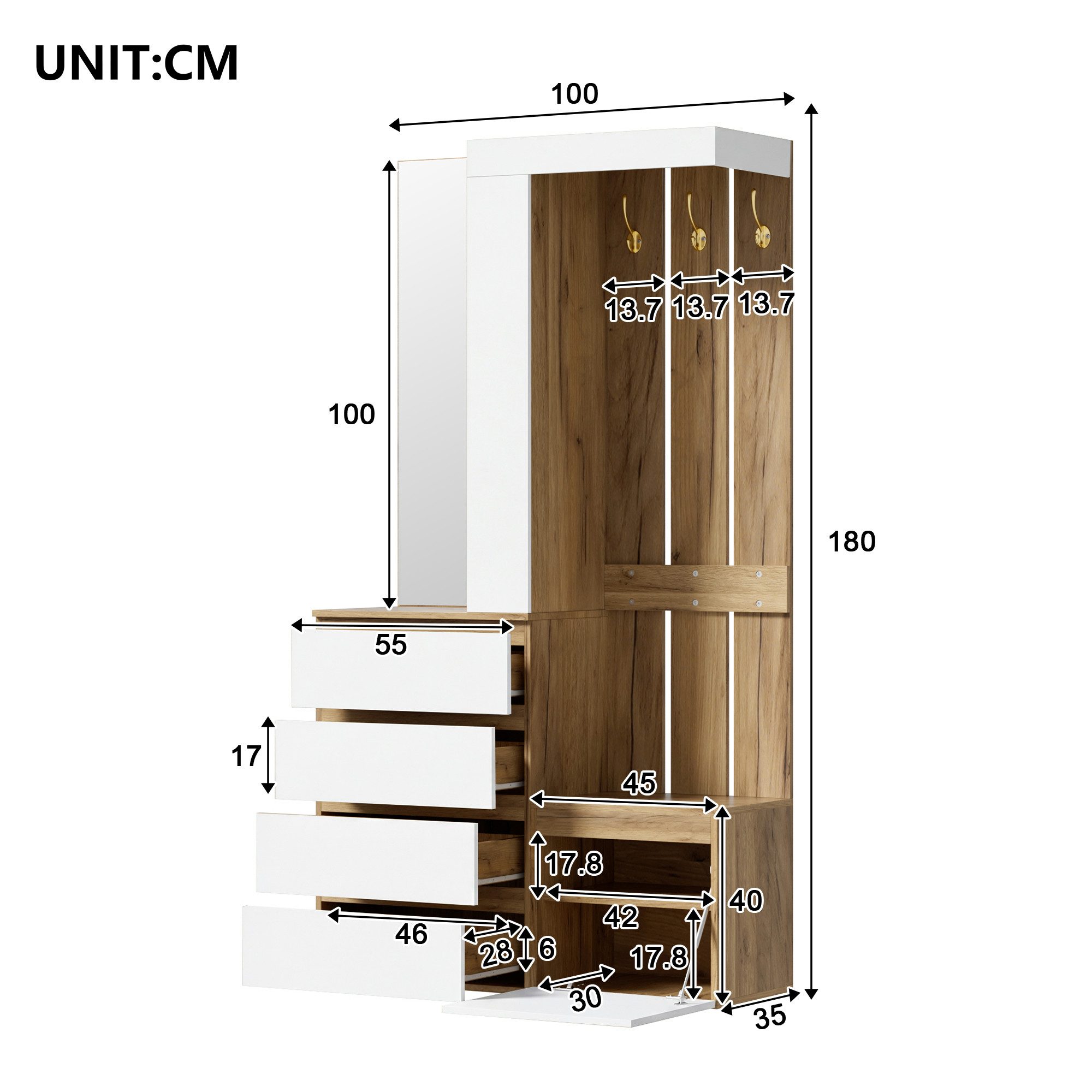 Flieks Garderoben-Set Garderobenständer mit 3 Haken, 1 Türen, 4 Schublade und Spiegel, (100x35x180 cm, 1-St., Garderobenständer für Diele & Eingangsbereich), Fl – Bild 5 von 5