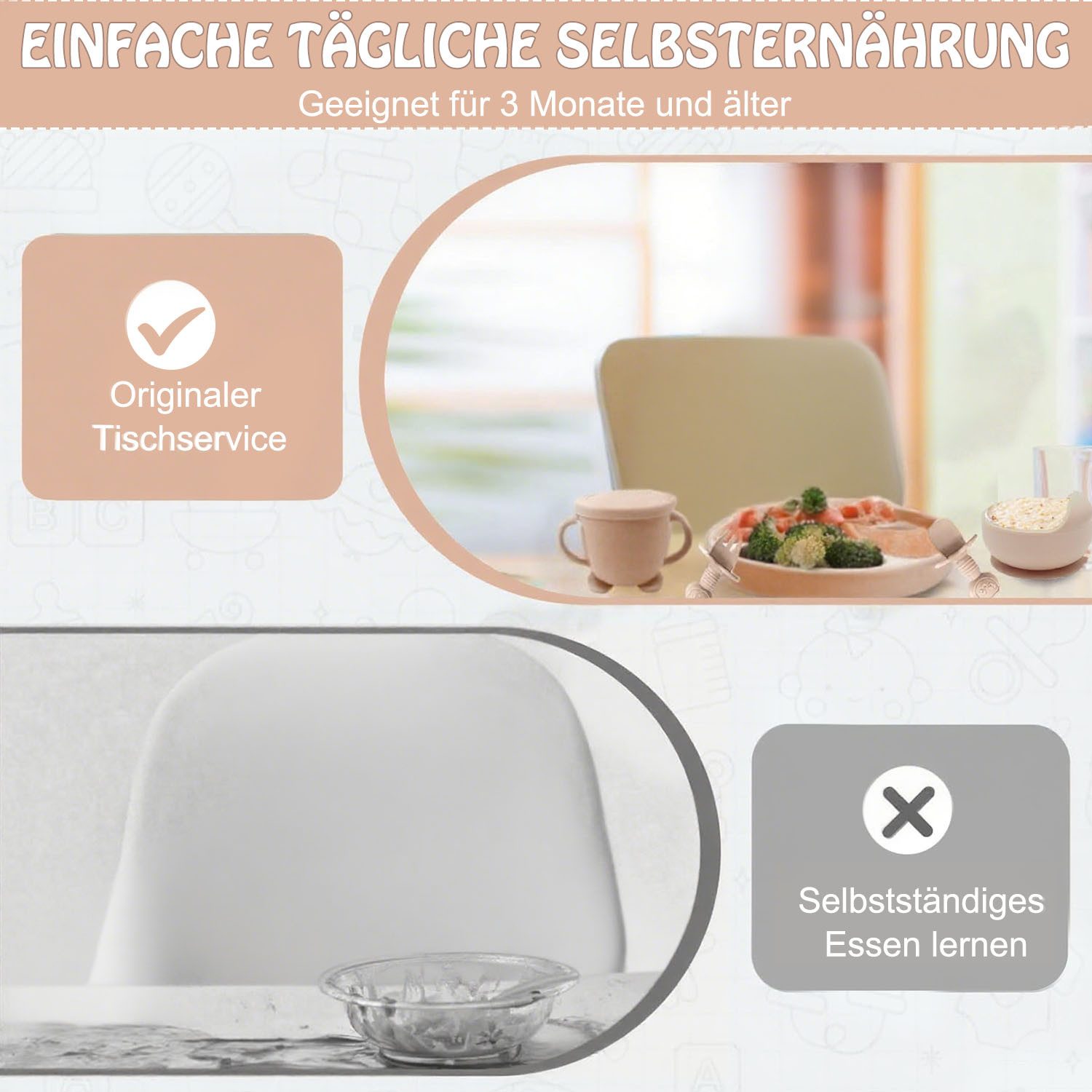 AIMAX Kindergeschirr-Set 9er Baby Geschirrset Set Kindergeschirr Babylöffel Trinklernbecher, Silikon Lätzchen Baby Teller Kinderteller mit Saugnapf