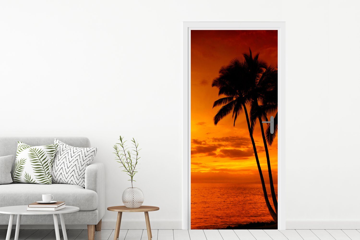 MuchoWow Türtapete Palme für Fototapete Meer, St), bedruckt, Sonnenuntergang cm - - - Tür, - Matt, (1 Türaufkleber, 75x205 Tropisch Orange