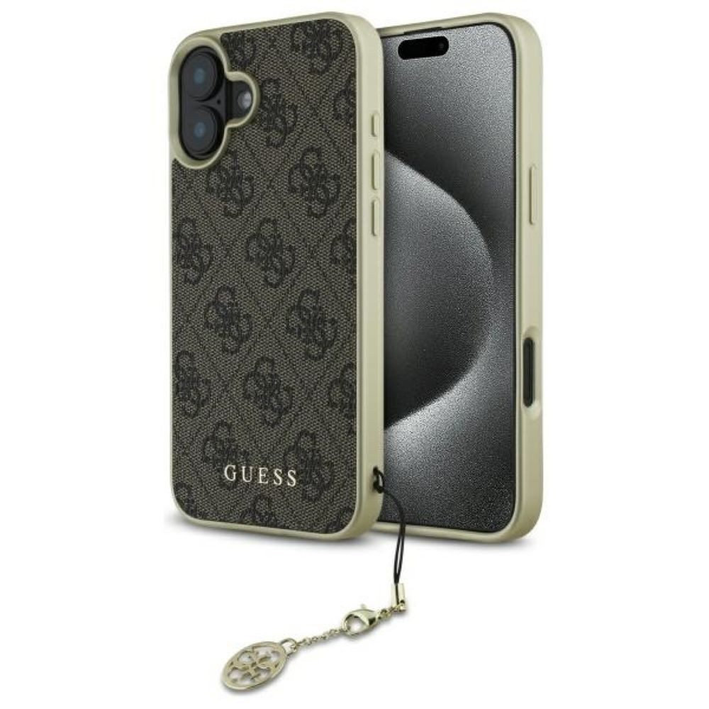 Guess Handyhülle Case iPhone 16 Plus Kunstleder braun mit Kette goldfarbig 6,7 Zoll, Kantenschutz