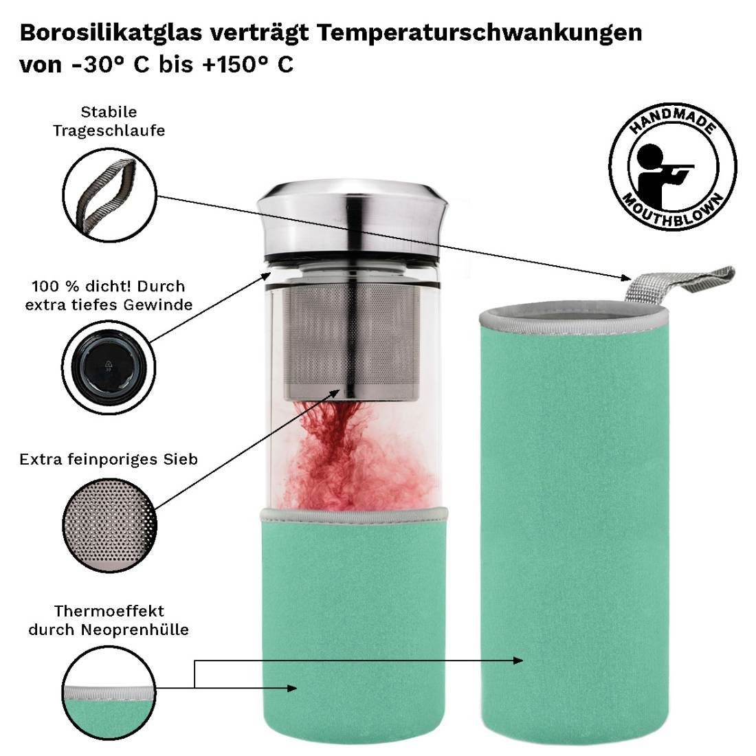 400 Edelstahldeckel „Türkis“ Thermoflasche Creano Teamaker ml,