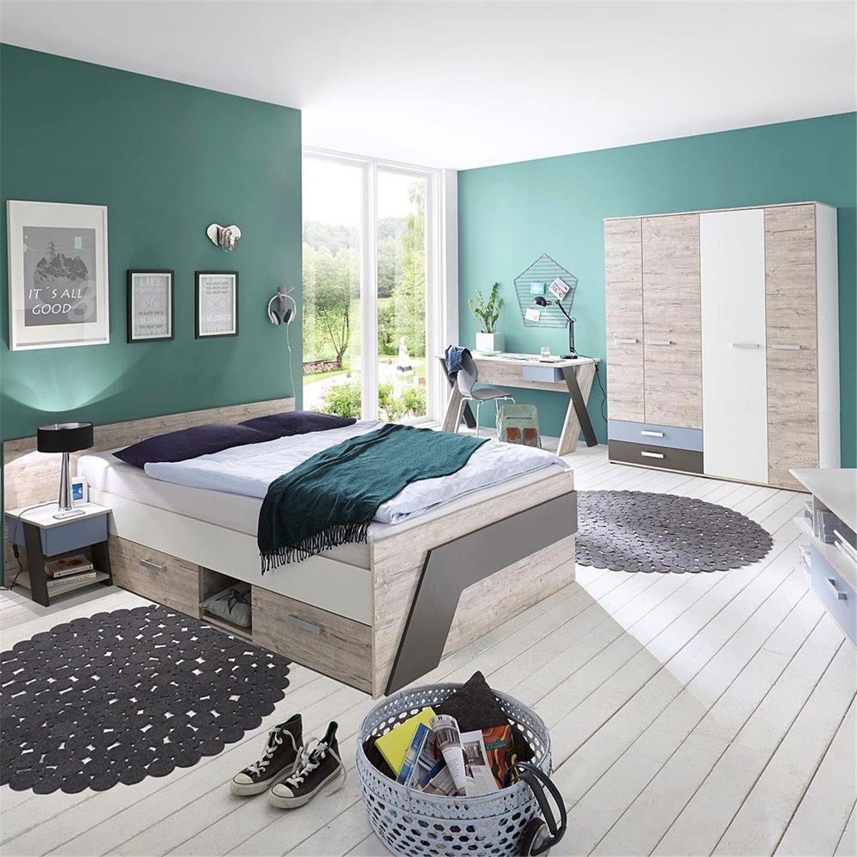 Lomadox Jugendzimmer-Set LEEDS-10, (Sparset, 4-tlg), Sandeiche Nb. mit weiß Lava und Denim Blau