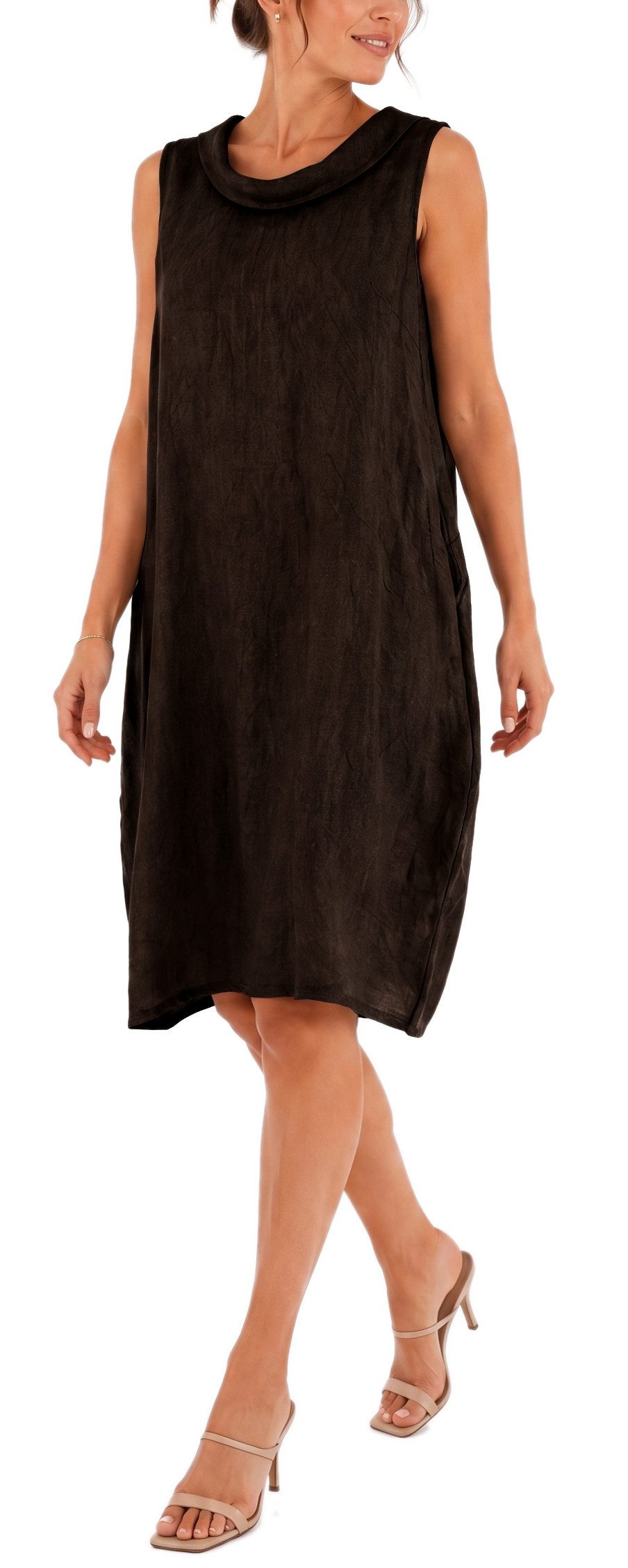 dy_mode Midikleid Damen Leinenkleid Luftiges Midi Sommerkleid Ballonkleid Strandkleid in Unifarbe, Wasserfallkragen, mit seitlichen Eingriffstaschen – Bild 2 von 5