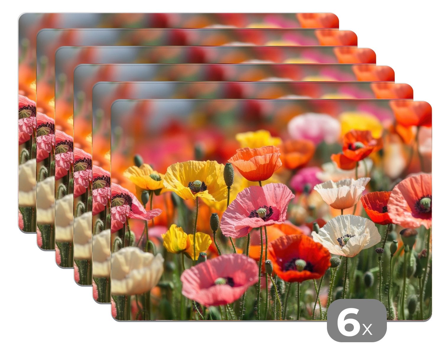 MuchoWow Platzset Blumenfeld - Mohnblumen - Farbenfroh, (6-St), Platzsets, Tischset, Abwaschbar, Tischsets, Platzdeckchen