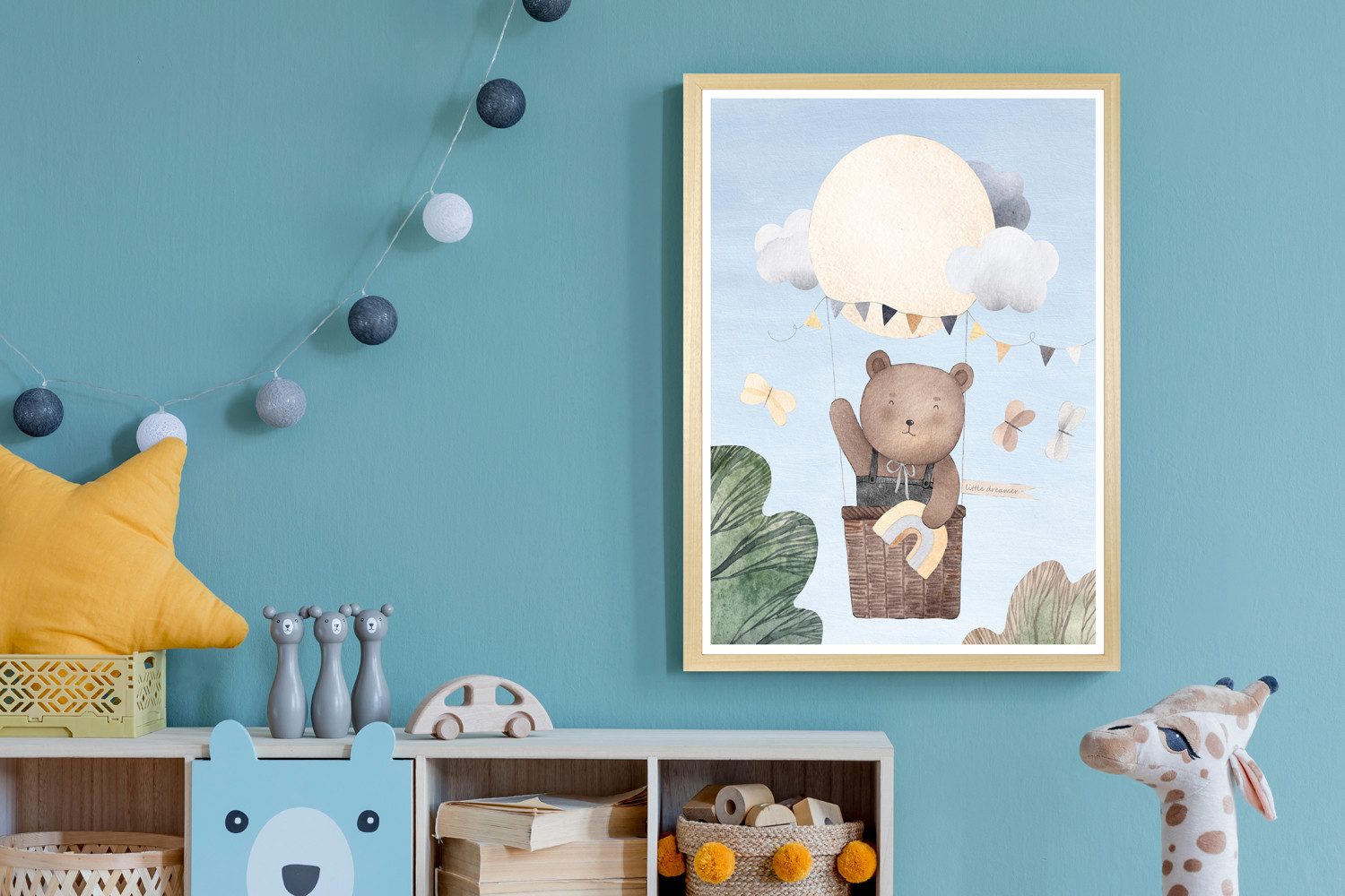 Bild mit Rahmen Bär im Heißluftballon