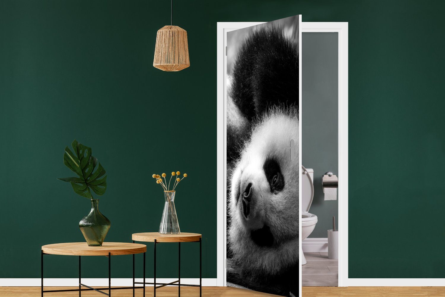 Türaufkleber, Matt, und Tierprofil St), Türtapete für (1 bedruckt, Tür, Panda weiß, MuchoWow Fototapete in schwarz 75x205 cm rollenden