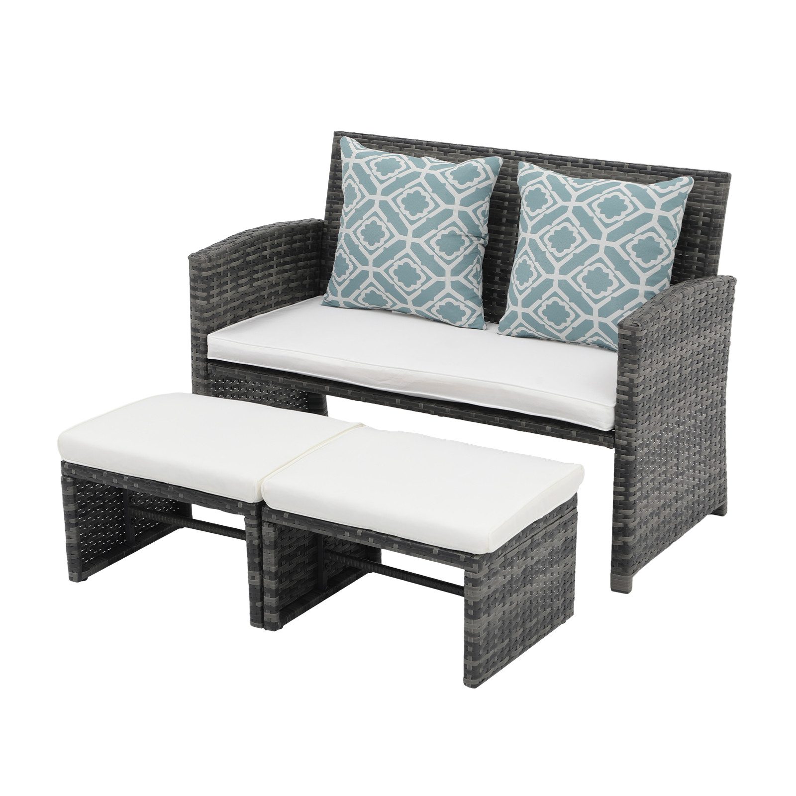 JOIVI Gartenbank Outdoor Loveseat (3-tlg Terrassenmöbel-Set, Allwetter Rattan Gartenbank mit 2 Hocker), Grau Rattan&Grau Kissen