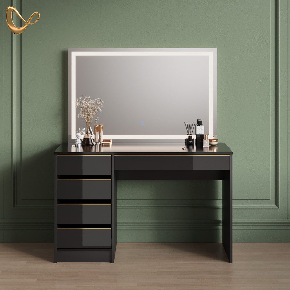 Livinity® Schminktisch Imola, Schwarz/Gold/Gold, 120 cm mit LED-Spiegel günstig online kaufen