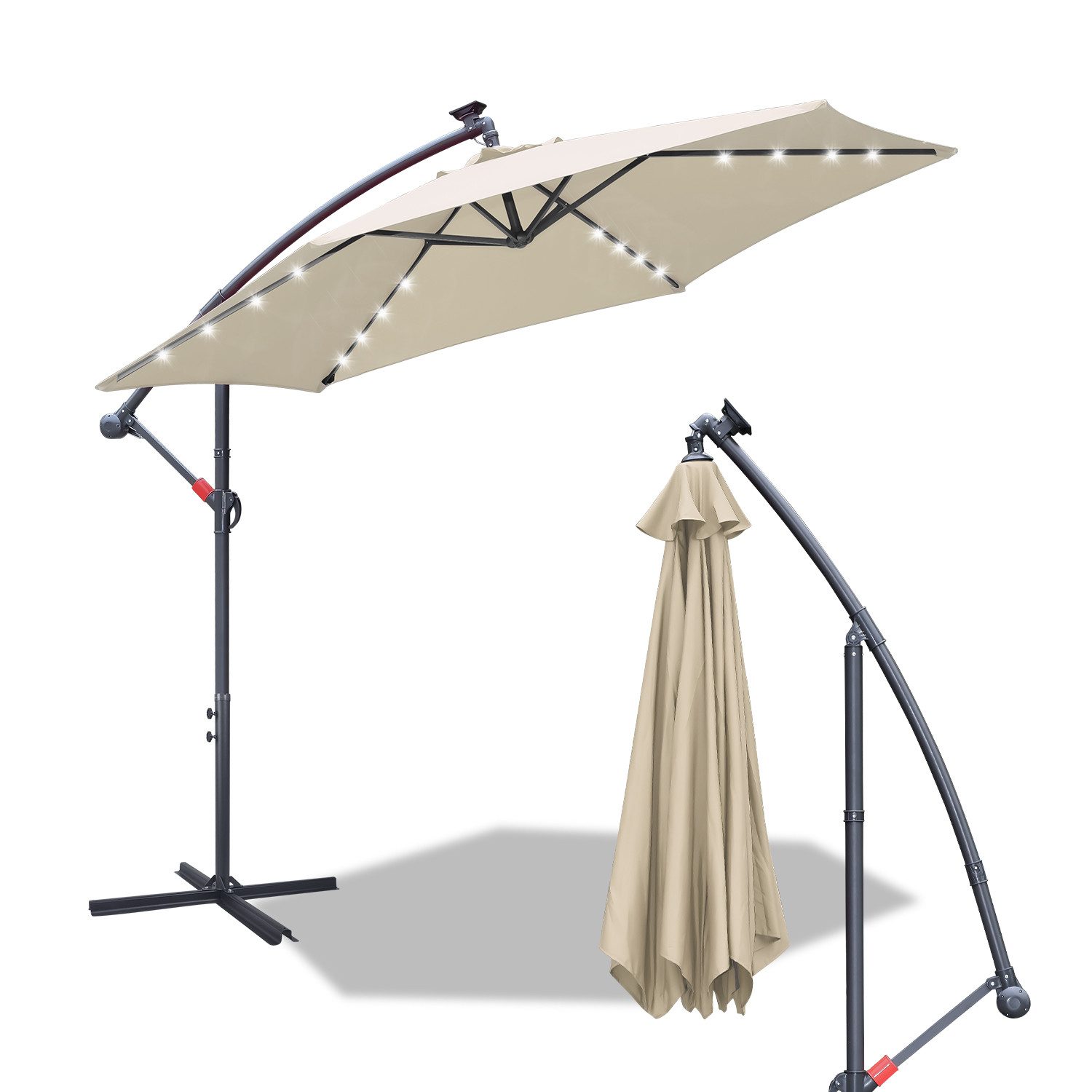 Sonnenschirm Sonnenschirm 350 cm Kurbel Ampelschirm mit LED & Windsicherung Beige