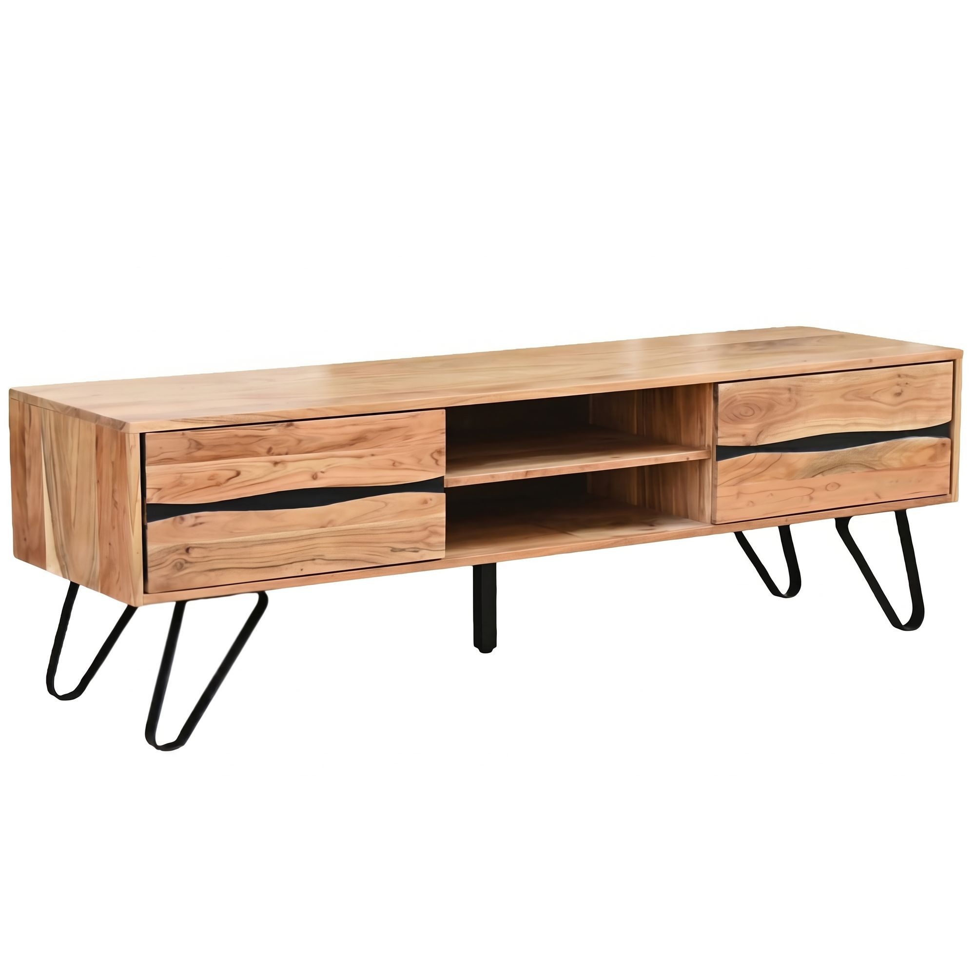 Wohnling Lowboard WL7.784 TV Board Fernsehschrank Fernsehkommode Massivholz 160cm Holz (Stilvolles Mediamöbel aus echtem Akazienholz), Viel Stauraum dank zwei Ablage- & Türfächer