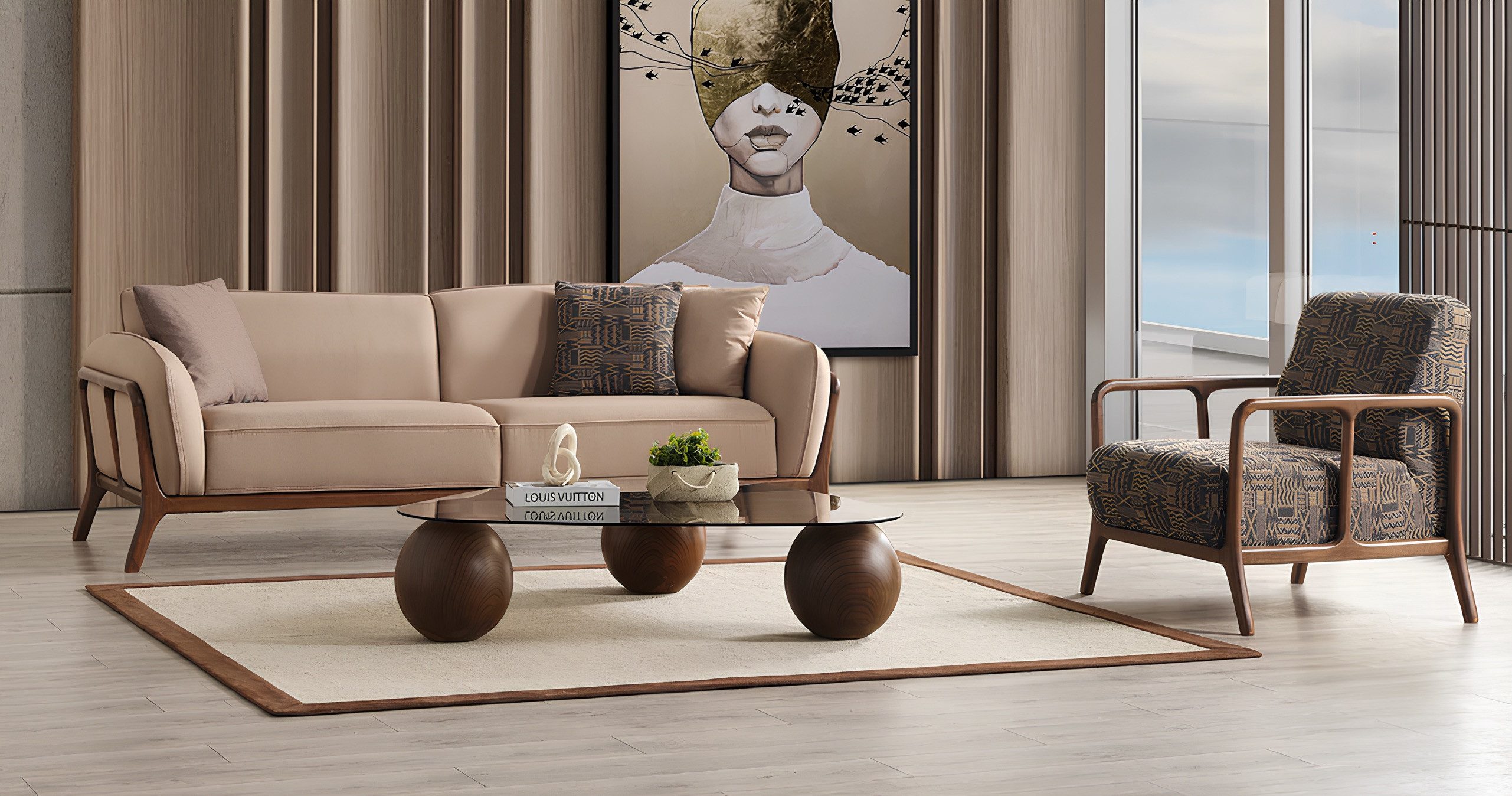 JVmoebel 3-Sitzer Braune Textil-Sitzgruppe im stilvollen Design: Sofa und Sessel