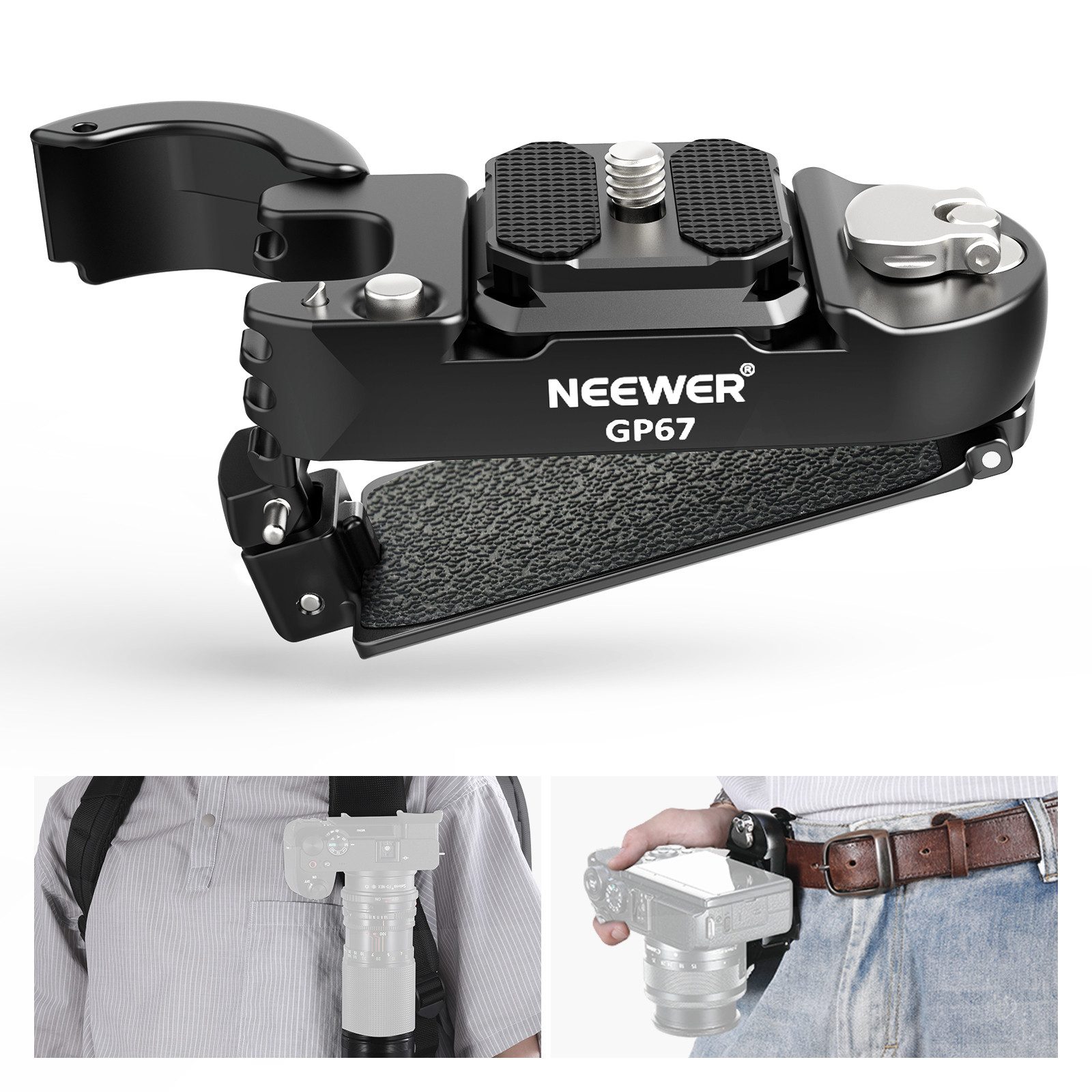 Neewer Kamerahalterung GP67 Rucksack Kamera Clip Halterung mit quadratischer QR Platte, (Packung, verbesserter Sicherheitsriegel, Schnellentriegelung)
