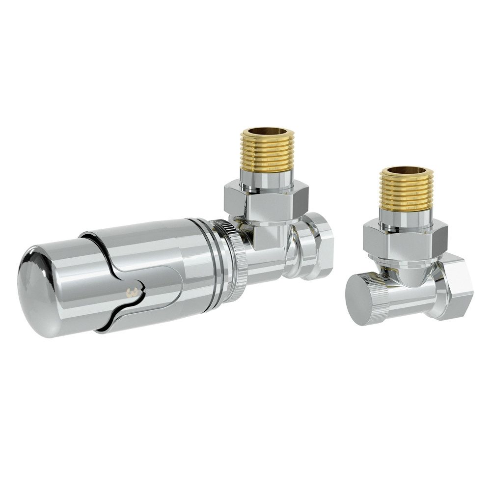 LuxeBath Heizkörperthermostat Thermostatventil + Rücklaufverschraubung Flüssigfühler für Heizkörper, Heizkörperventil Komplett-Set Chrom Thermostatkopf 1/2" Eckform Ventil