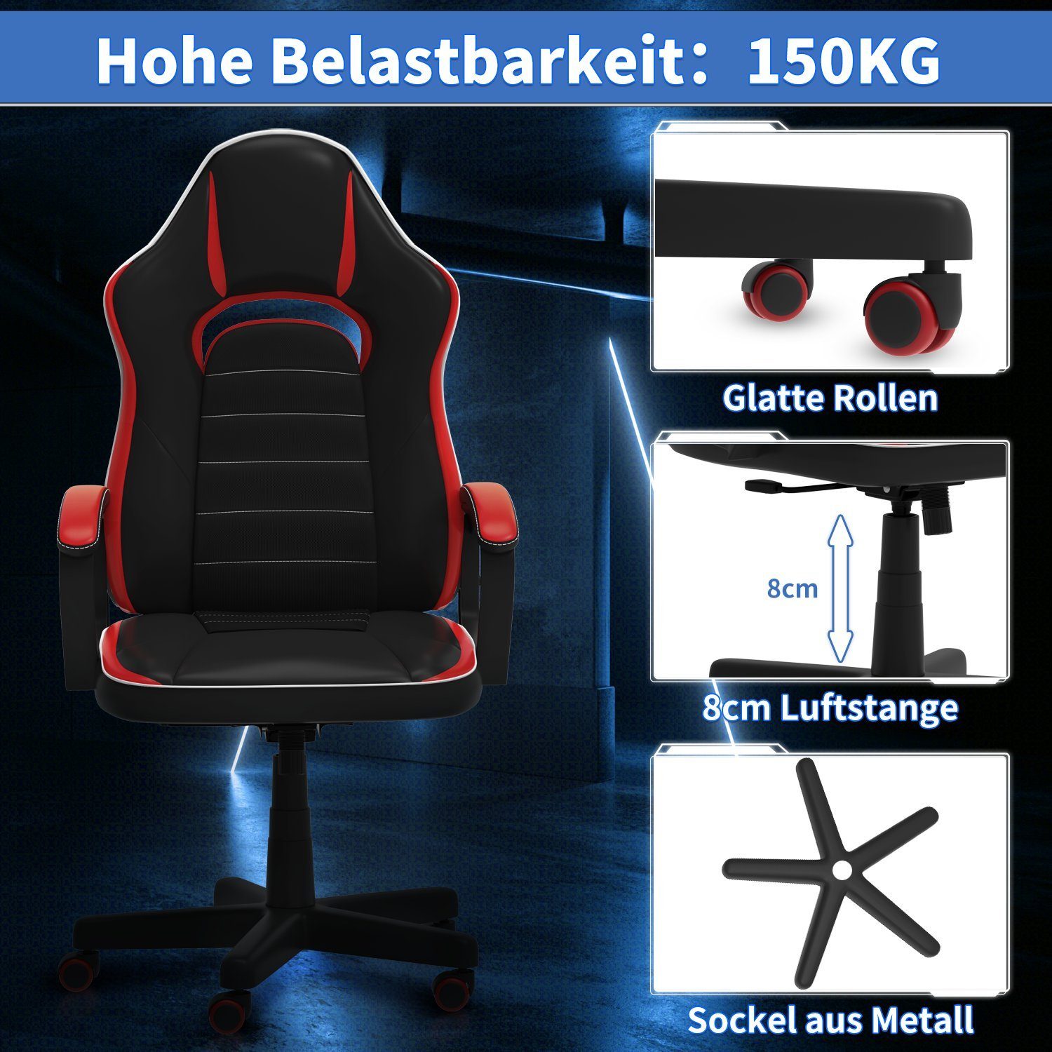 Sitz, Bürostuhl, gepolsterter Gaming-Stuhl Gaming-Stuhl, HOMALL 120kg ergonomischer Rot