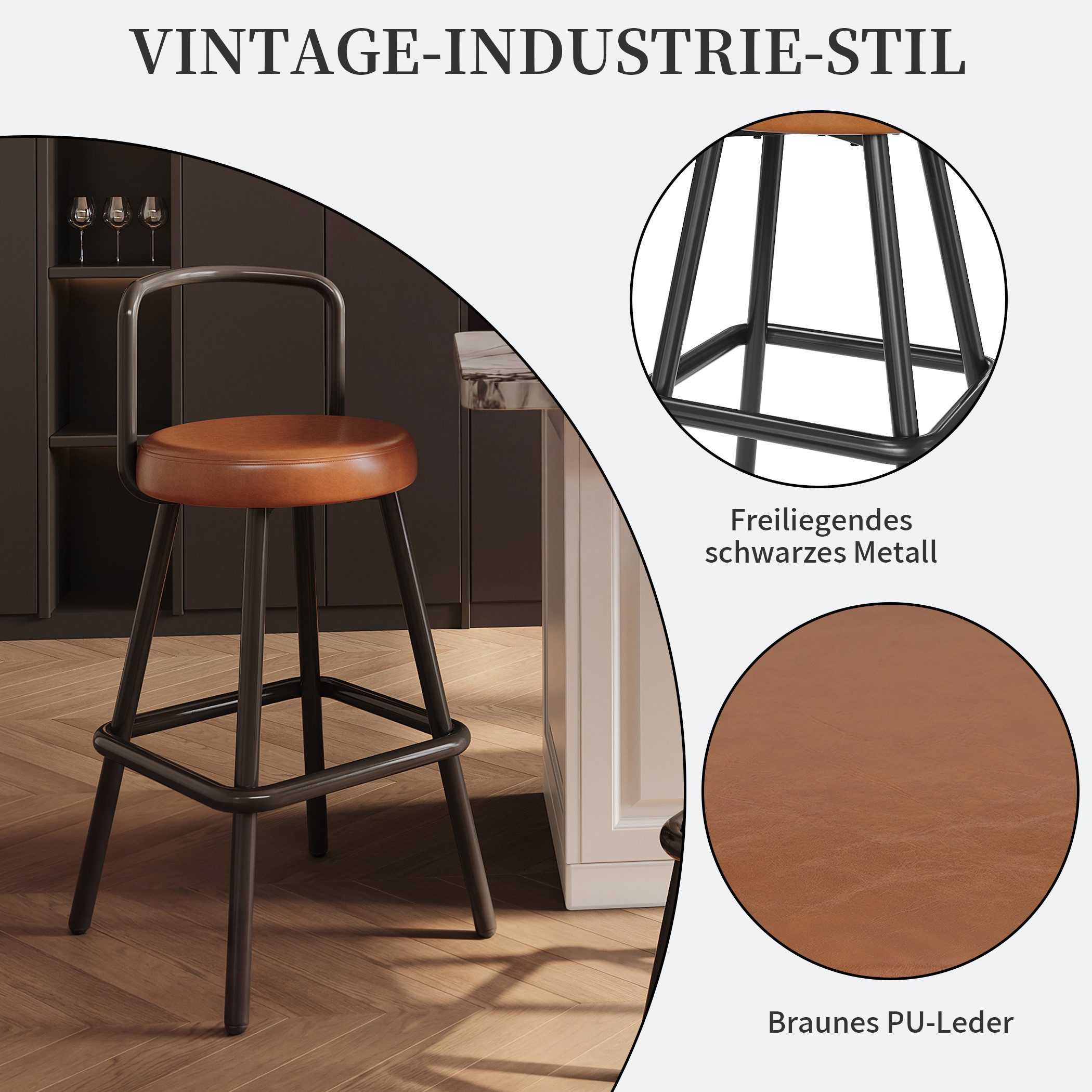 SeedWave Barhocker mit Lehne, 2er Set Barstuhl Metallgestell mit PU-Ledersitz, Fußstütze, Vintage Industrie-Stil Küchenhocker, bis 150kg belastbar