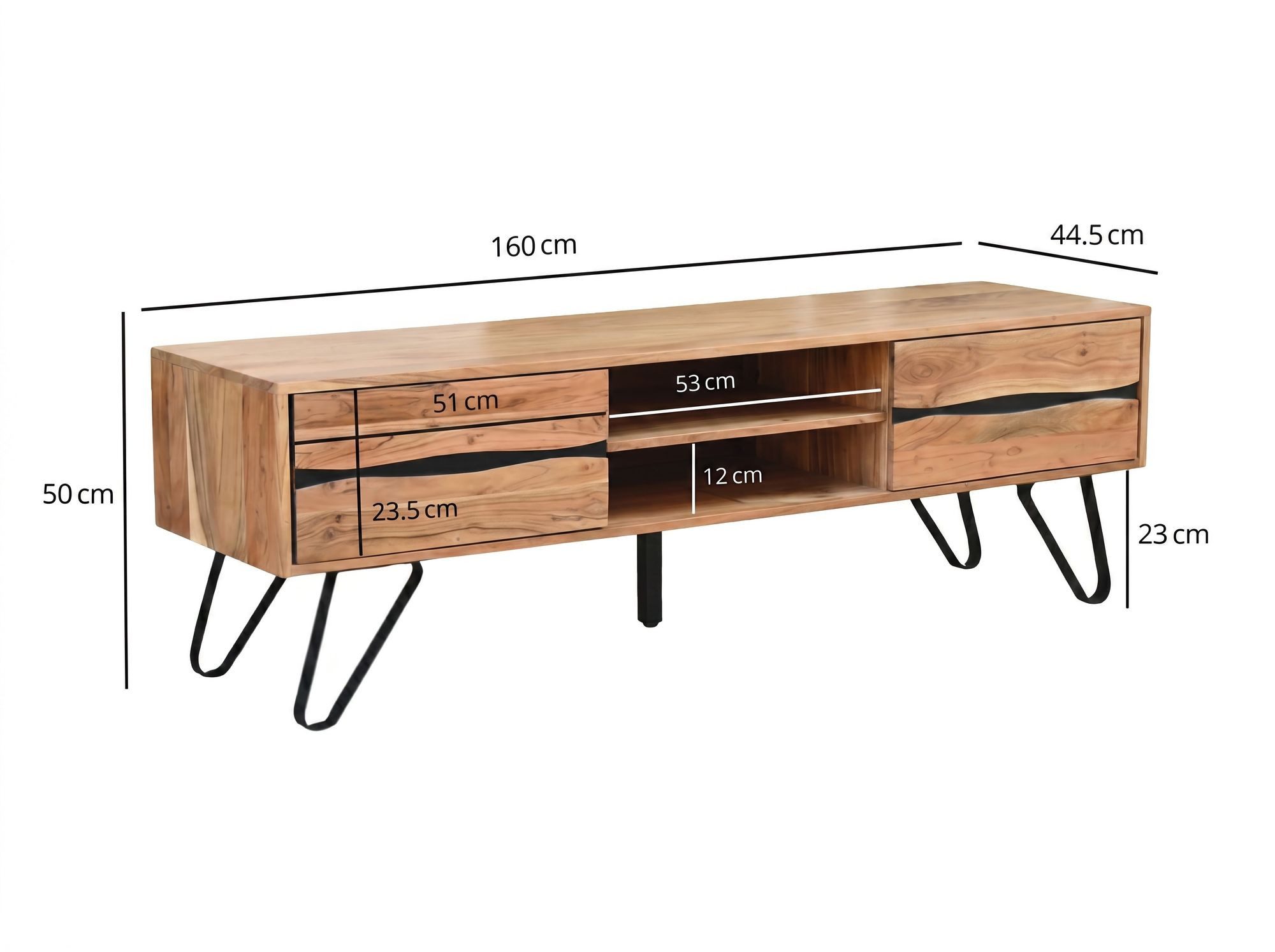FINEBUY Lowboard FB117914 TV Board Fernsehschrank Fernsehkommode Massivholz 160cm Holz (Stilvolles Mediamöbel aus echtem Akazienholz), Viel Stauraum dank zwei Ablage- & Türfächer