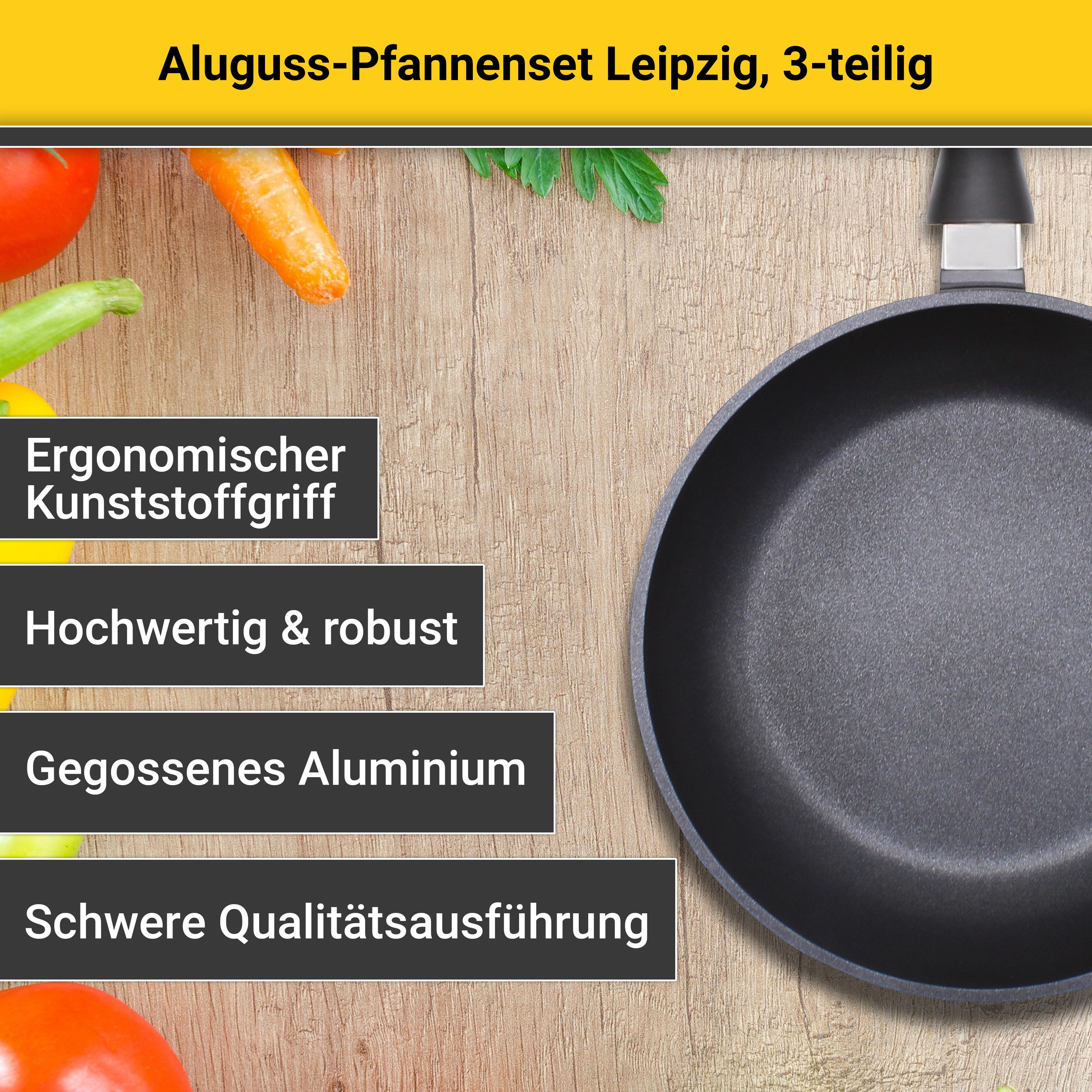 Krüger Pfannen-Set Aluguss Pfannenset LEIPZIG, 3 tlg., Aluminiumguss (Set, 3-tlg., 1x Bratpfanne Ø 20 cm, 1x Bratpfanne Ø 28 cm, 1x Schmorpfanne Ø 24 cm), hochwertige Antihaft-Versiegelung
