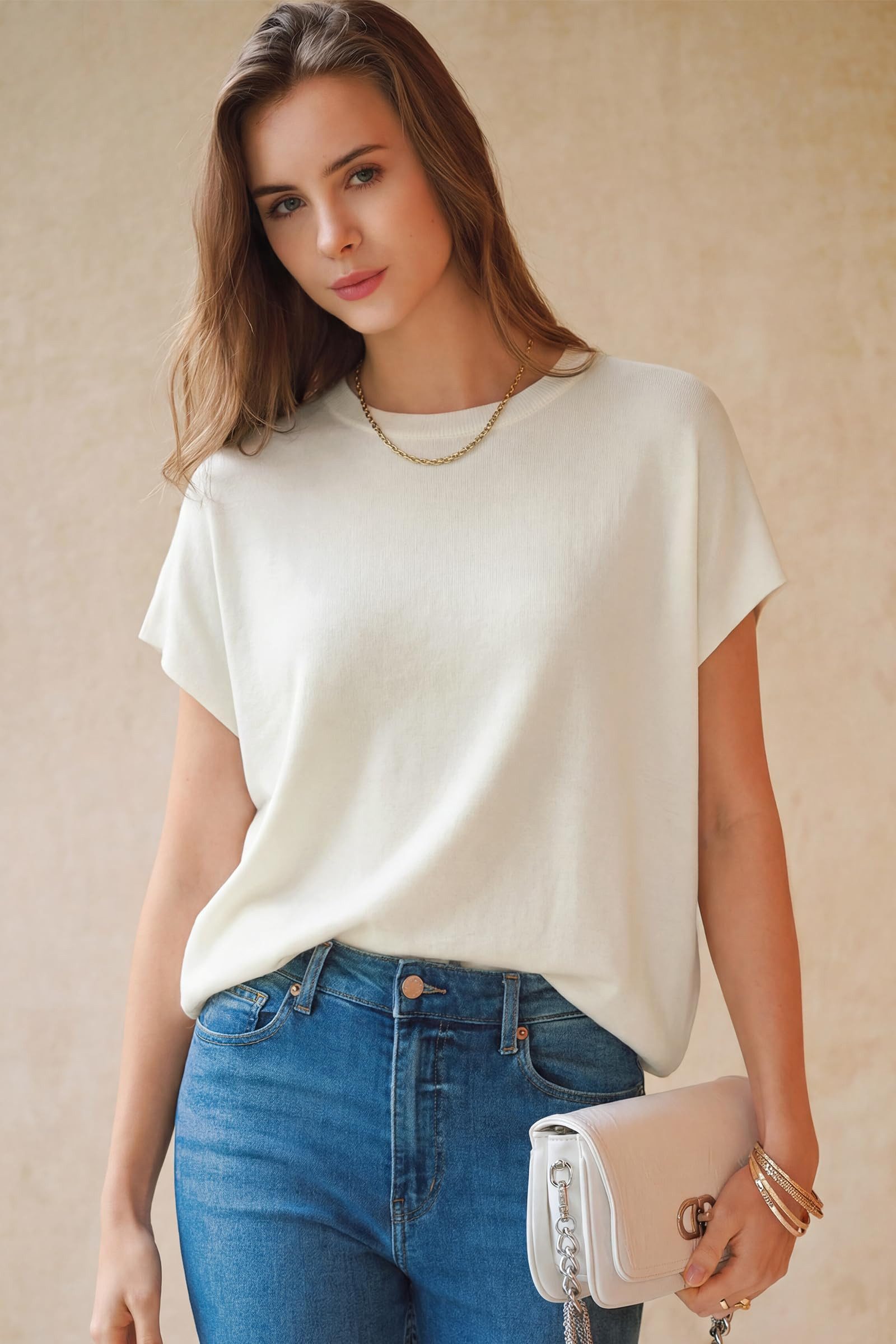 Kurzarmshirt Damen Leichter Kaschmir Pullover – Oversized Fit