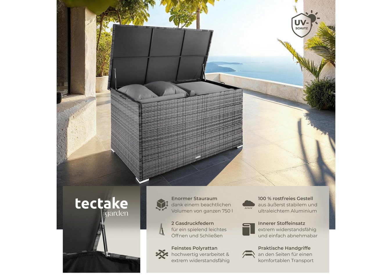 Thumbnail - tectake Gartenbox Auflagenbox (1 St., Auflagenbox), Aufbewahrungsbox mit Aluminiumgestell und Rattangeflecht