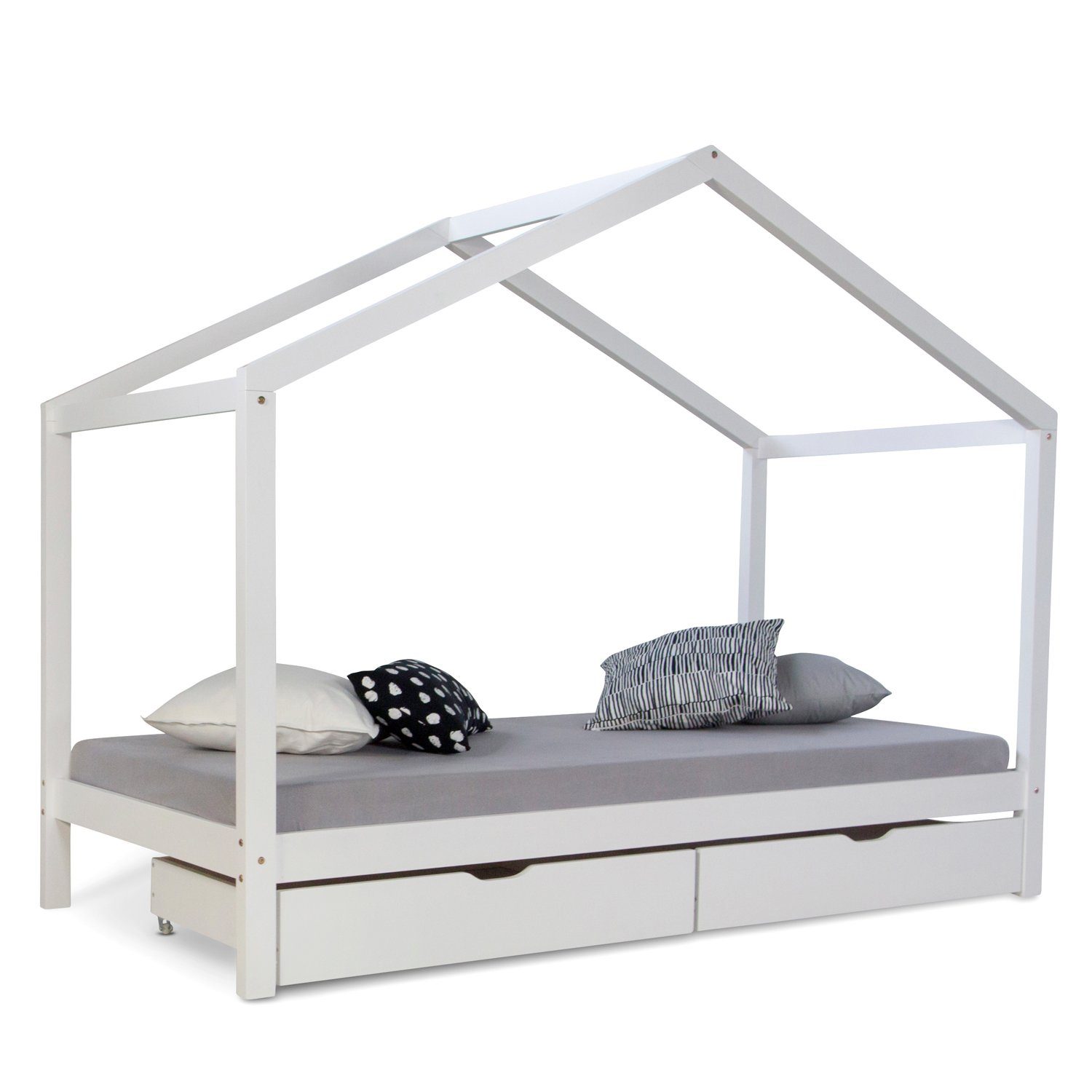 Homestyle4u Hausbett 90x200 Kinderbett Holz Holzbett mit Dach Kinder Grau, Natur oder Weiß (Set, mit Lattenrost & 2 Schubladen/Bettkasten), mit Strauraum