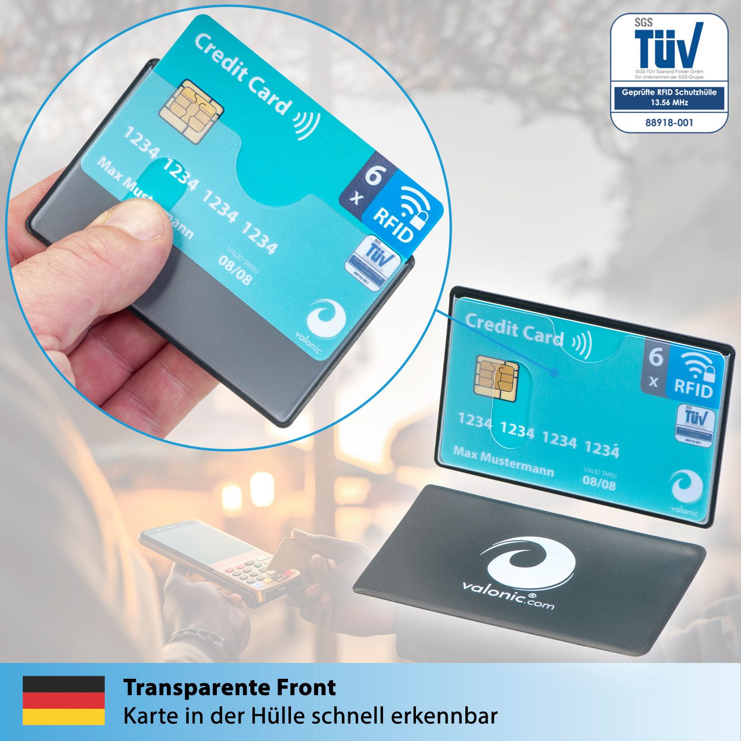 valonic Etui valonic - Kreditkartenhüllen RFID-Block 6 Stück Einschub oben 59 x 91 mm, transparent, abgeschirmt, RFID NFZ Schutz, Kreditkarte, Scheckkarte