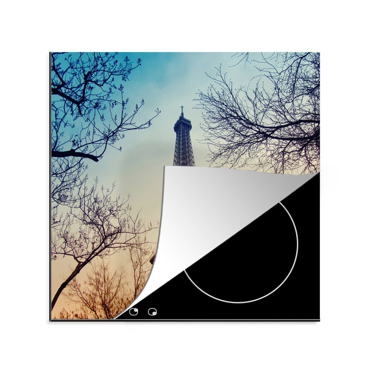 MuchoWow Herdblende-/Abdeckplatte Eiffelturm - Bäume - Frankreich, Vinyl, (1 tlg), 78x78 cm, Ceranfeldabdeckung, Arbeitsplatte für küche